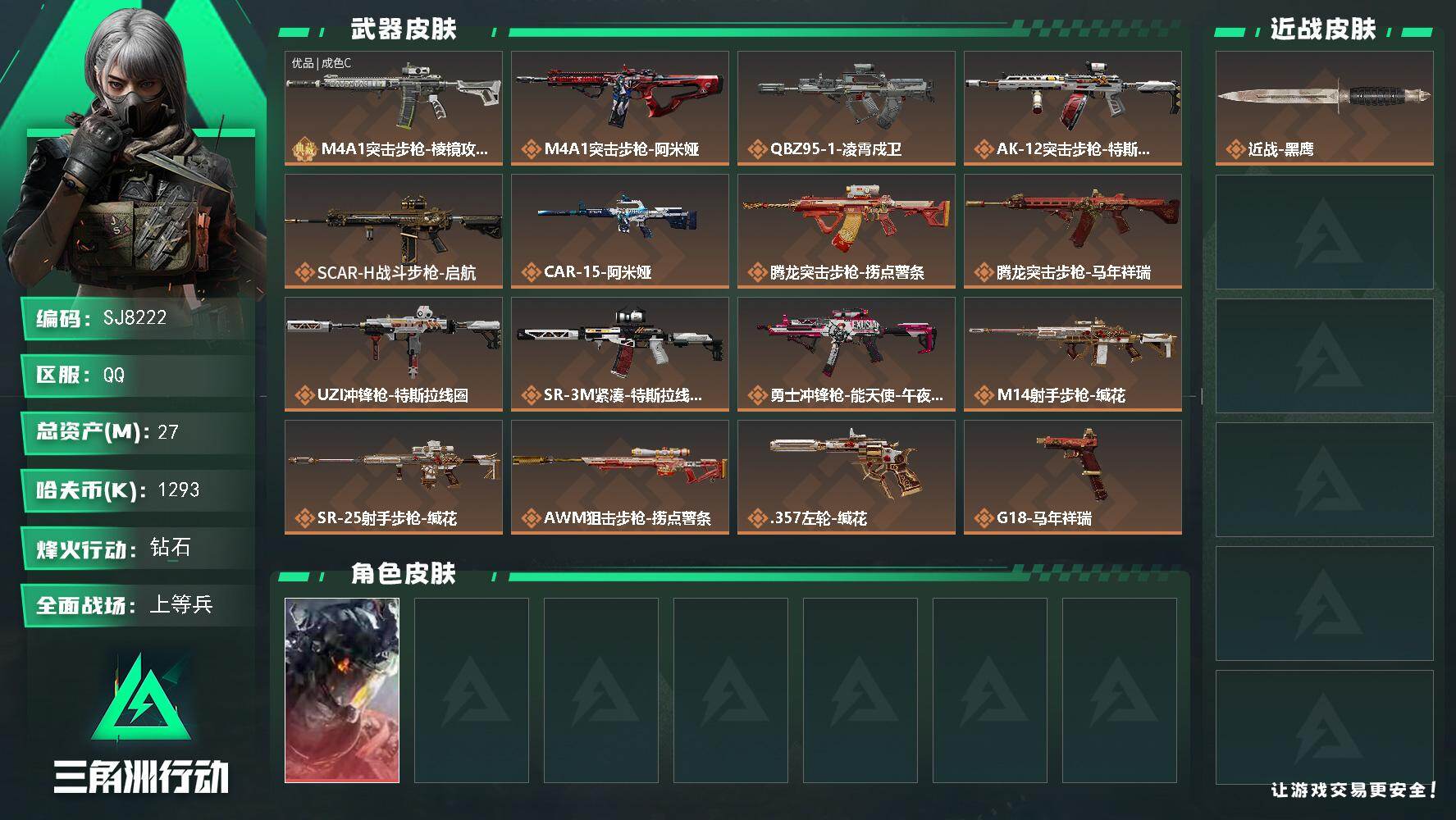 三角洲行动账号QQ【SJ8222】总资产(M)：27M/哈夫币(K)：1293K/哈夫币(K)：1293K/传说枪皮数：18/全面战场等级：35_段位：上等兵/烽火地带等级：48_段位：钻石/威龙-凌霄戍卫/近战-黑