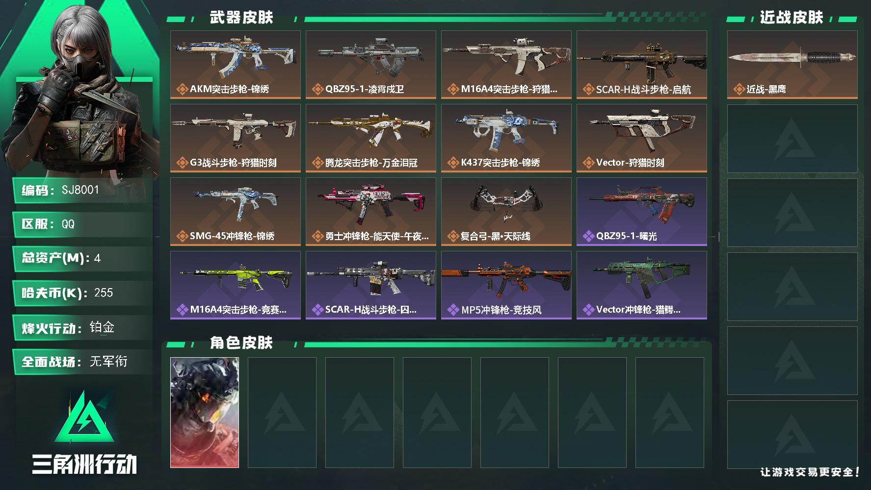 三角洲行动账号QQ【SJ8001】总资产(M)：4M/哈夫币(K)：255K/哈夫币(K)：255K/传说枪皮数：11