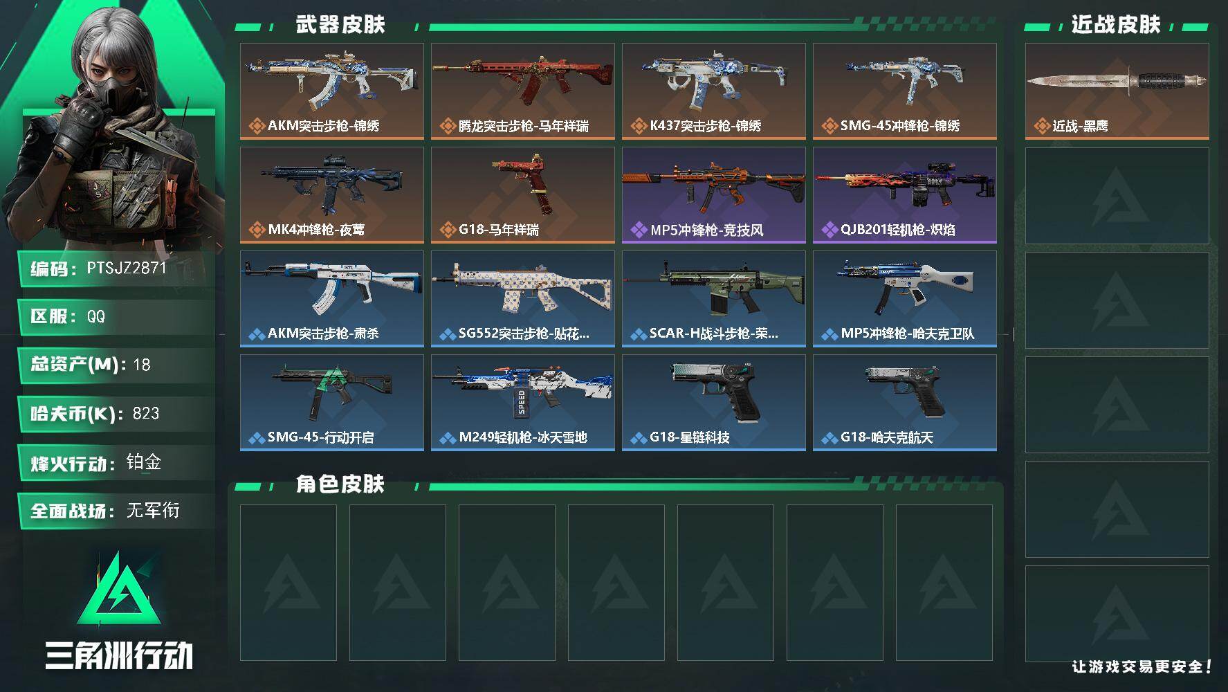 三角洲行动账号QQ【PTSJZ2871】总资产(M)：18M/哈夫币(K)：823K/哈夫币(K)：823K/传说枪皮