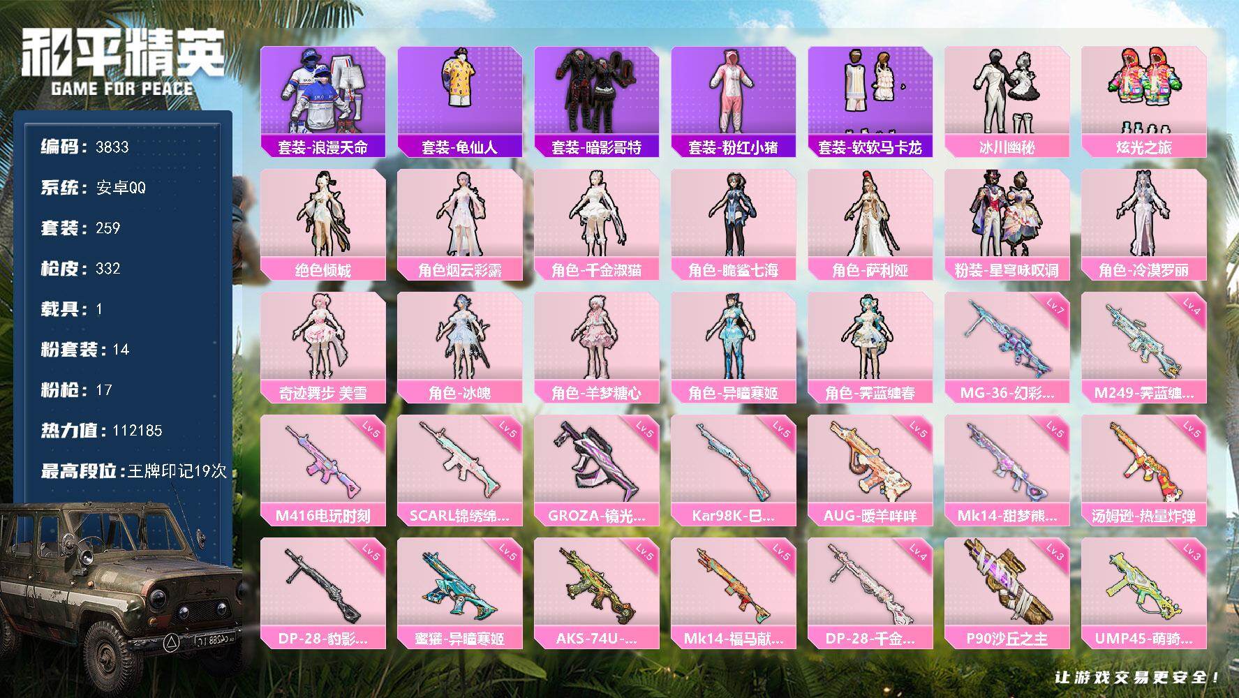和平精英账号安卓QQ1载具-259套装-332枪皮-259套装/枪械17/装备501/载具1/战备284/王牌印记19/