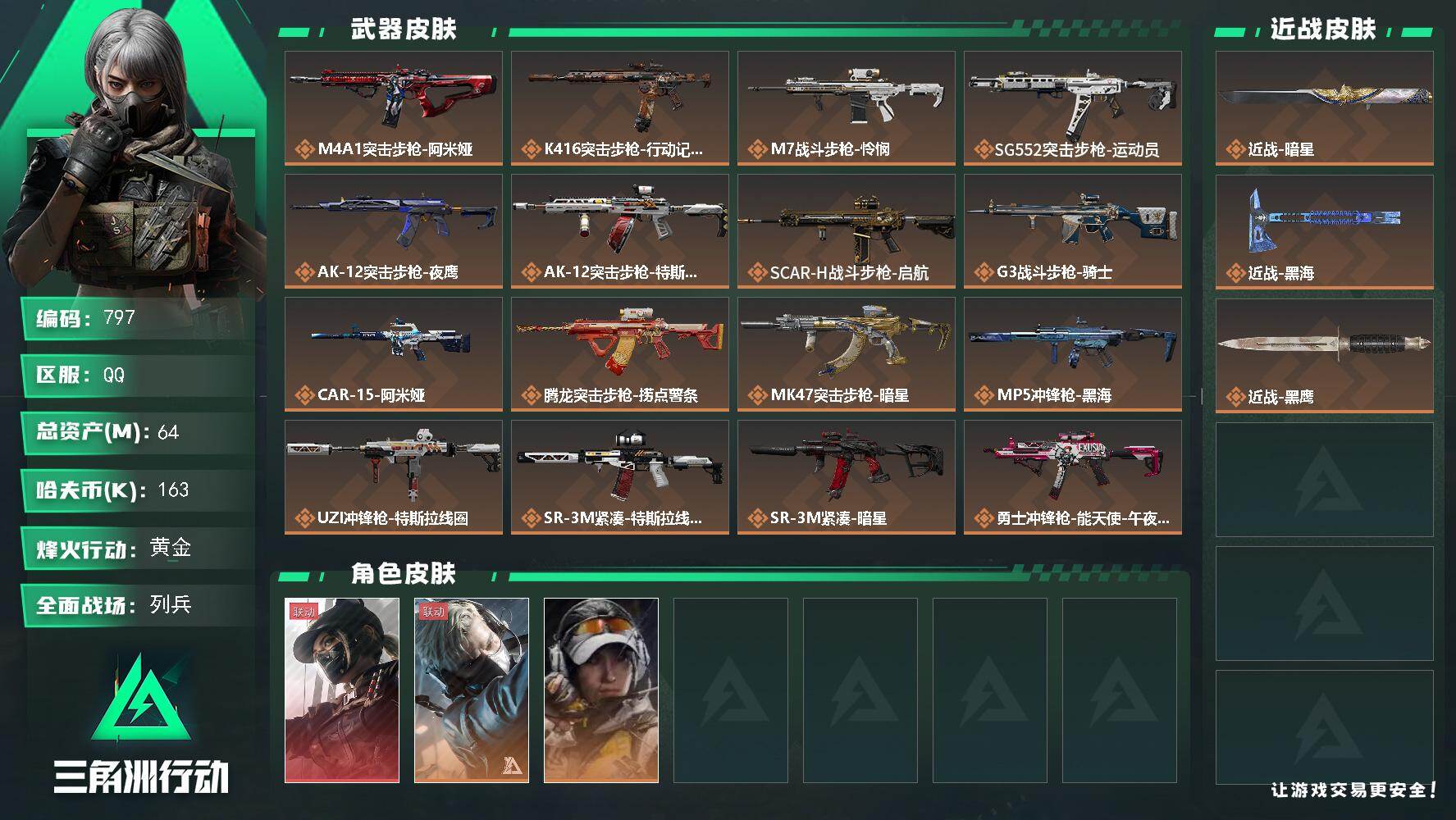 三角洲行动账号QQ64m总资产-163k哈伏币-60烽火等级-黄金-19战场等级-列兵-仓库7级-指挥中心5级-训练中