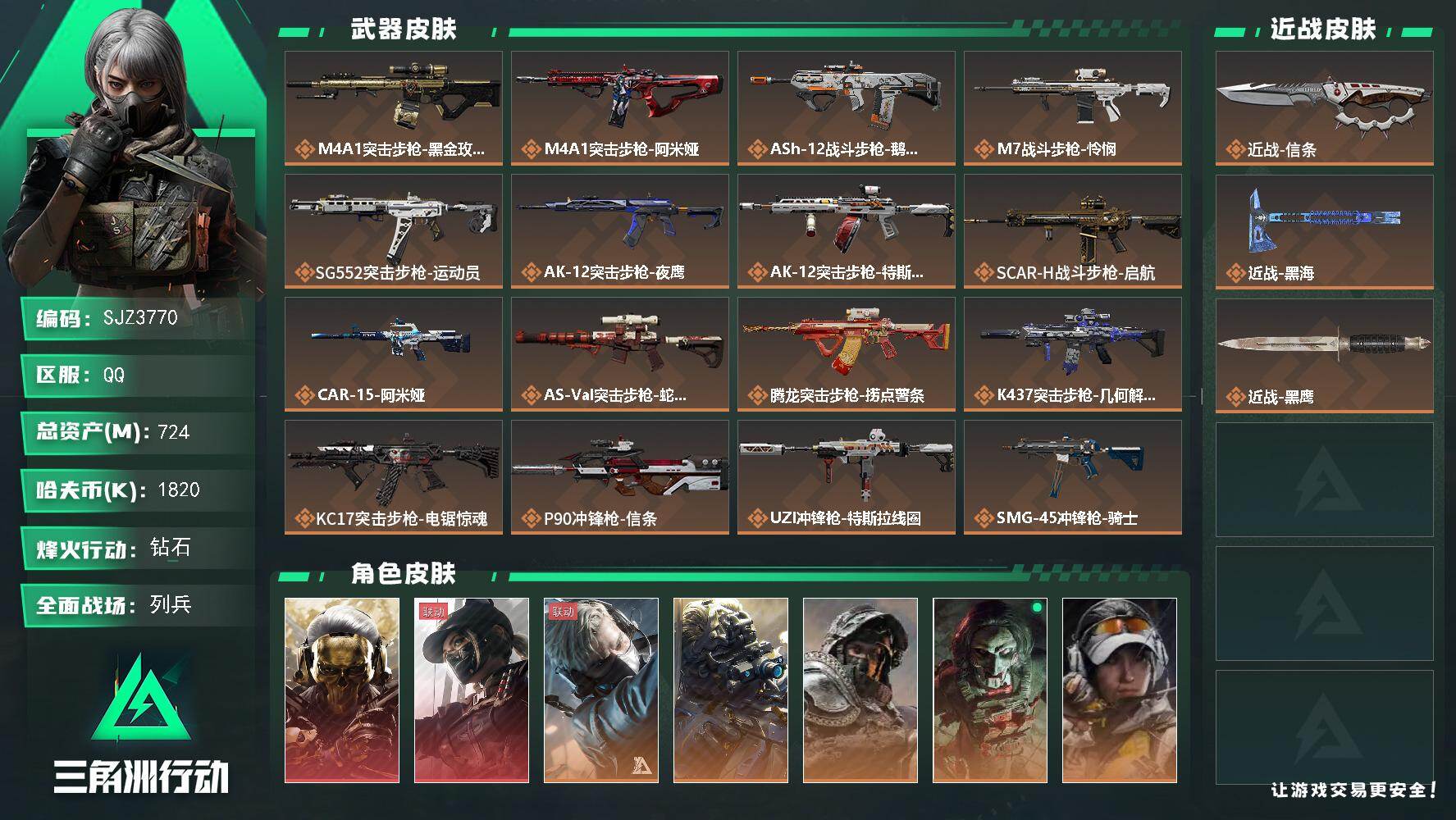 三角洲行动账号QQ【SJZ3770】总资产(M)：724M/哈夫币(K)：1820K/哈夫币(K)：1820K/传说枪