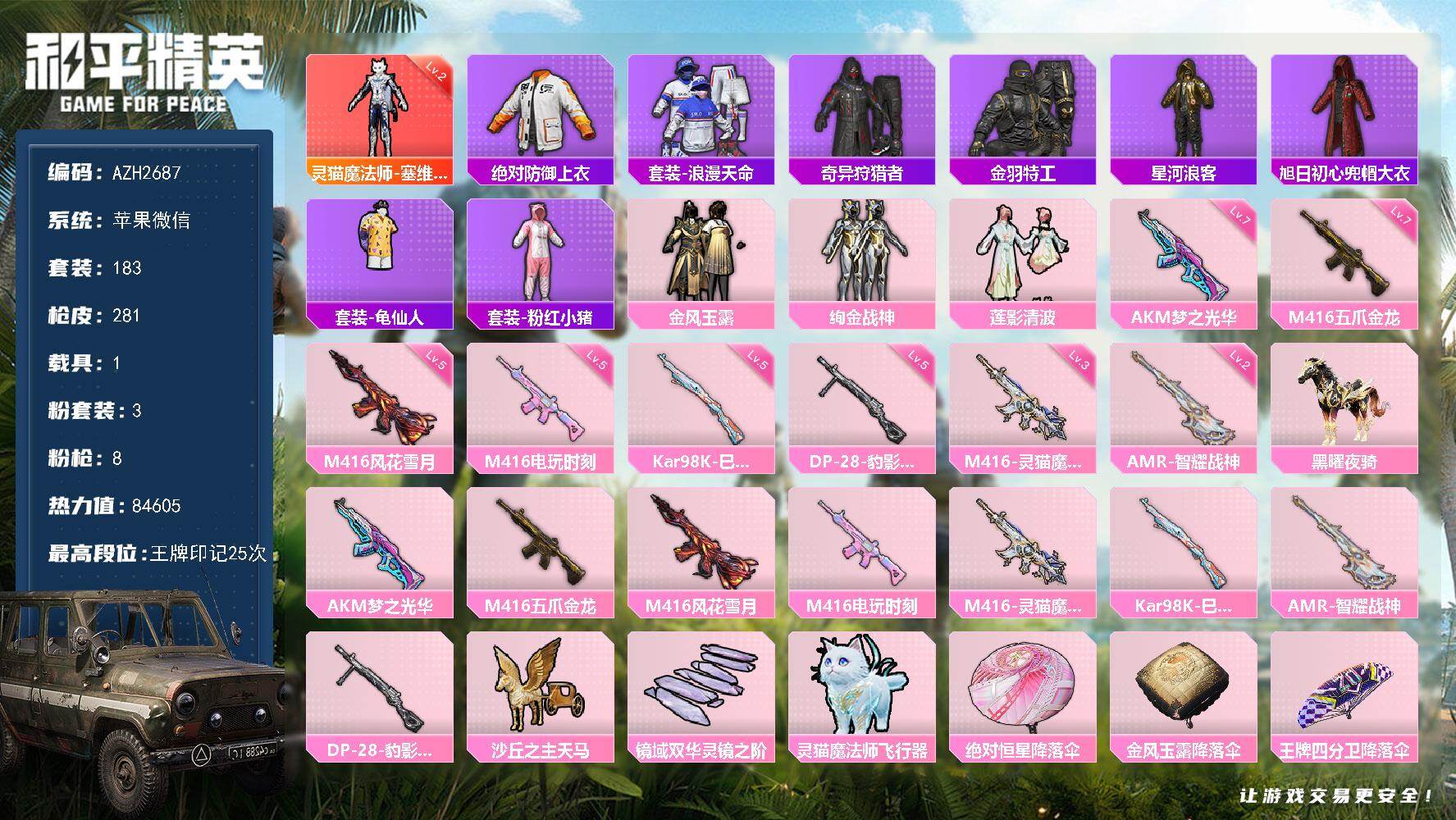 和平精英账号苹果微信1载具-183套装-281枪皮-苹果 微信【二级塞维尔 巡查衣 绚金战神 星河浪客浪漫天命 满级梦之