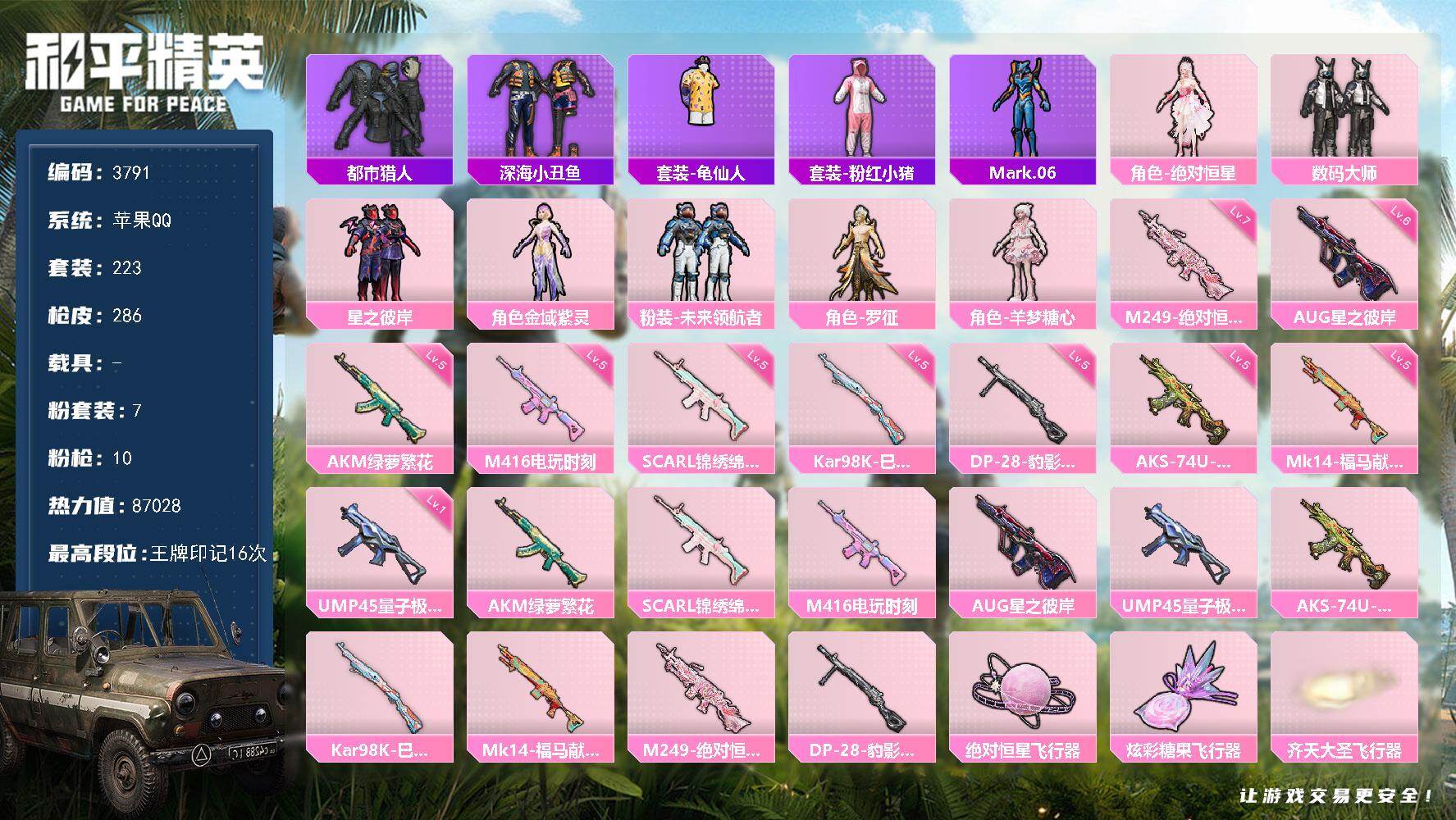 和平精英账号苹果QQ0载具-223套装-286枪皮-223套装/枪械10/装备375/战备189/王牌印记16/热力值8