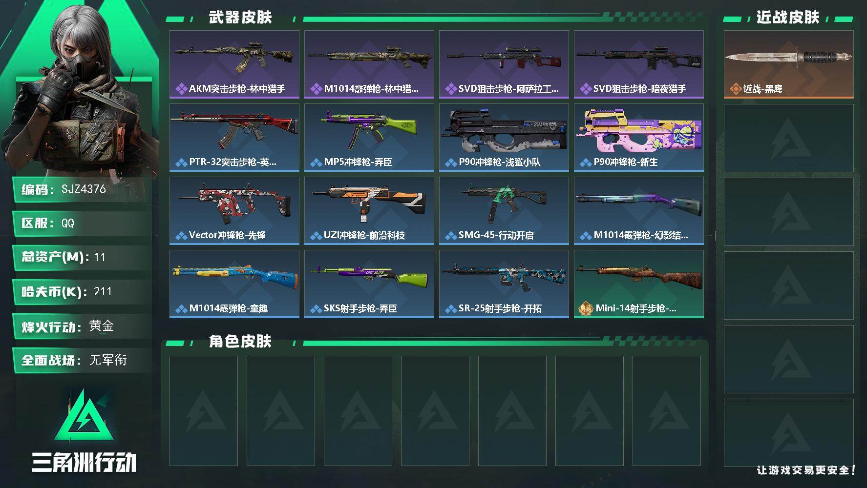 三角洲行动账号QQ【SJZ4376】总资产(M)：11M/哈夫币(K)：211K/哈夫币(K)：211K/全面战场等级：5_段位：无段位/烽火地带等级：53_段位：黄金/近战-黑鹰/AKM突击步枪-林中猎手/M101
