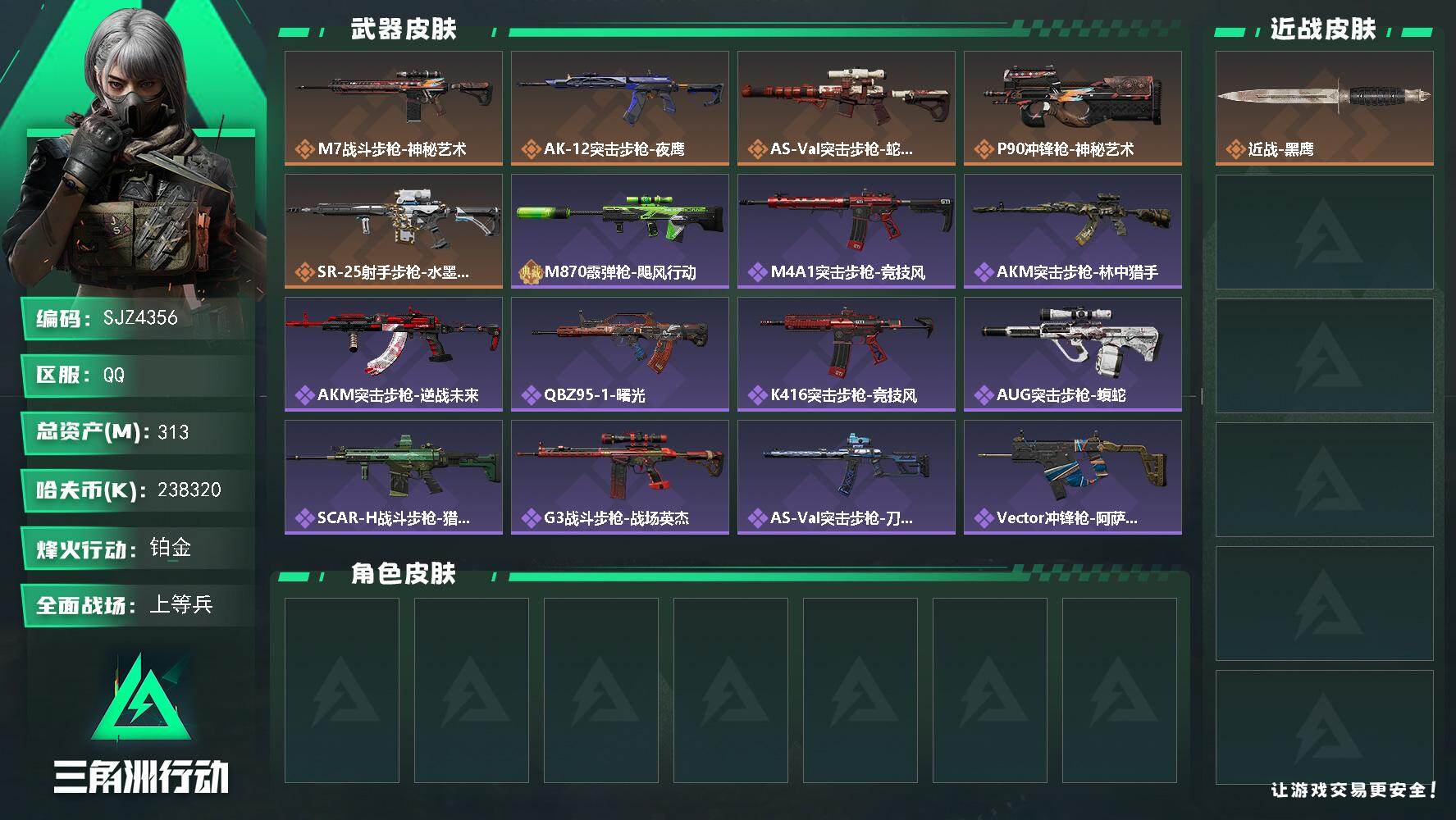 三角洲行动账号QQ【SJZ4356】总资产(M)：313M/哈夫币(K)：238320K/哈夫币(K)：238320K/传说枪皮数：5/全面战场等级：45_段位：上等兵/烽火地带等级：60_段位：铂金/近战-黑鹰/M