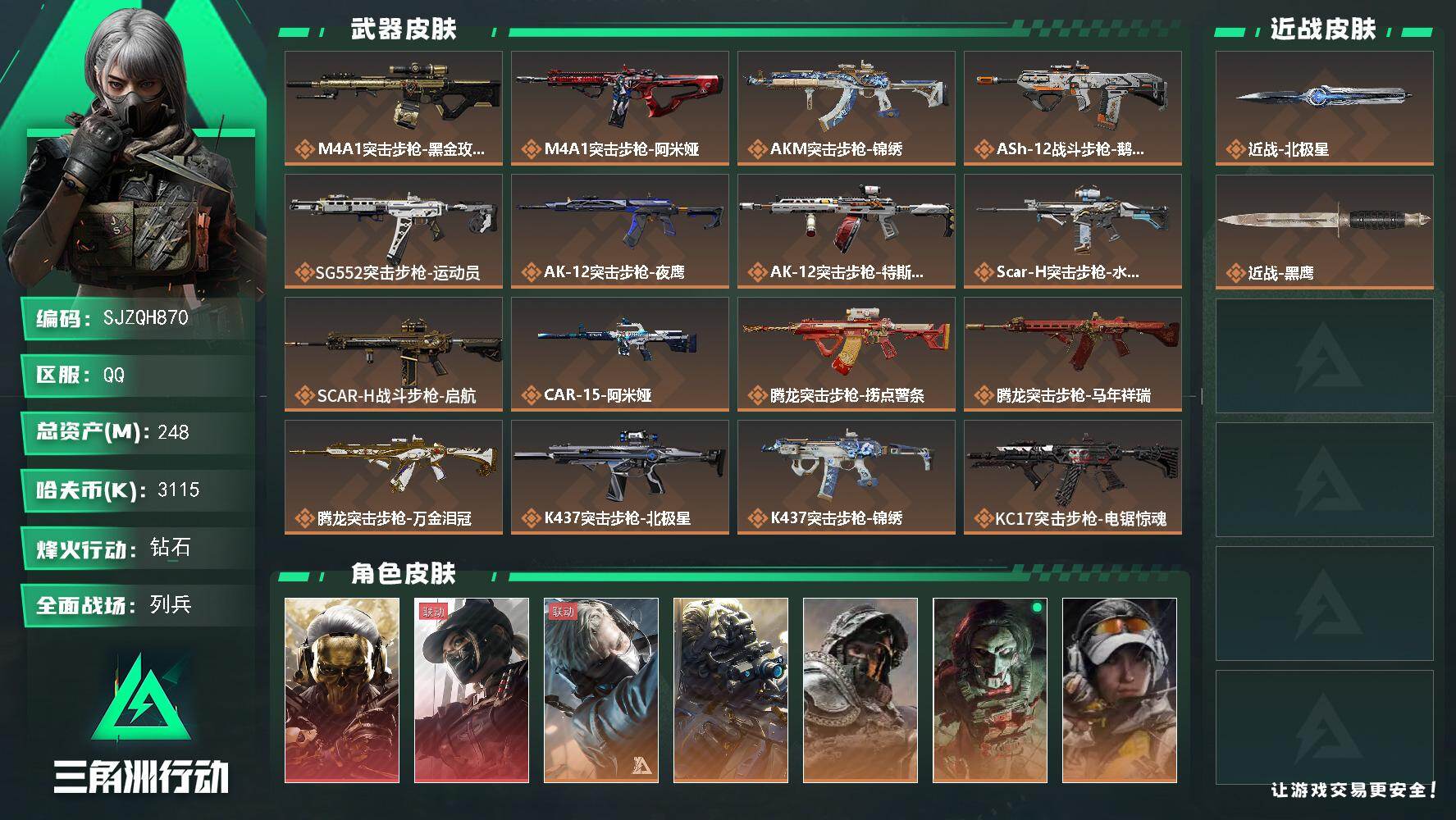 三角洲行动账号QQ【SJZQH870】总资产(M)：248M/哈夫币(K)：3115K/哈夫币(K)：3115K/传说枪皮数：35/全面战场等级：34_段位：列兵/烽火地带等级：60_段位：钻石/红狼-蚀金玫瑰/露娜