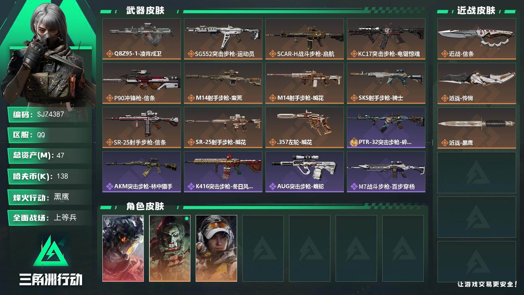 三角洲行动账号QQ【SJZ4387】总资产(M)：47M/哈夫币(K)：138K/哈夫币(K)：138K/传说枪皮数：