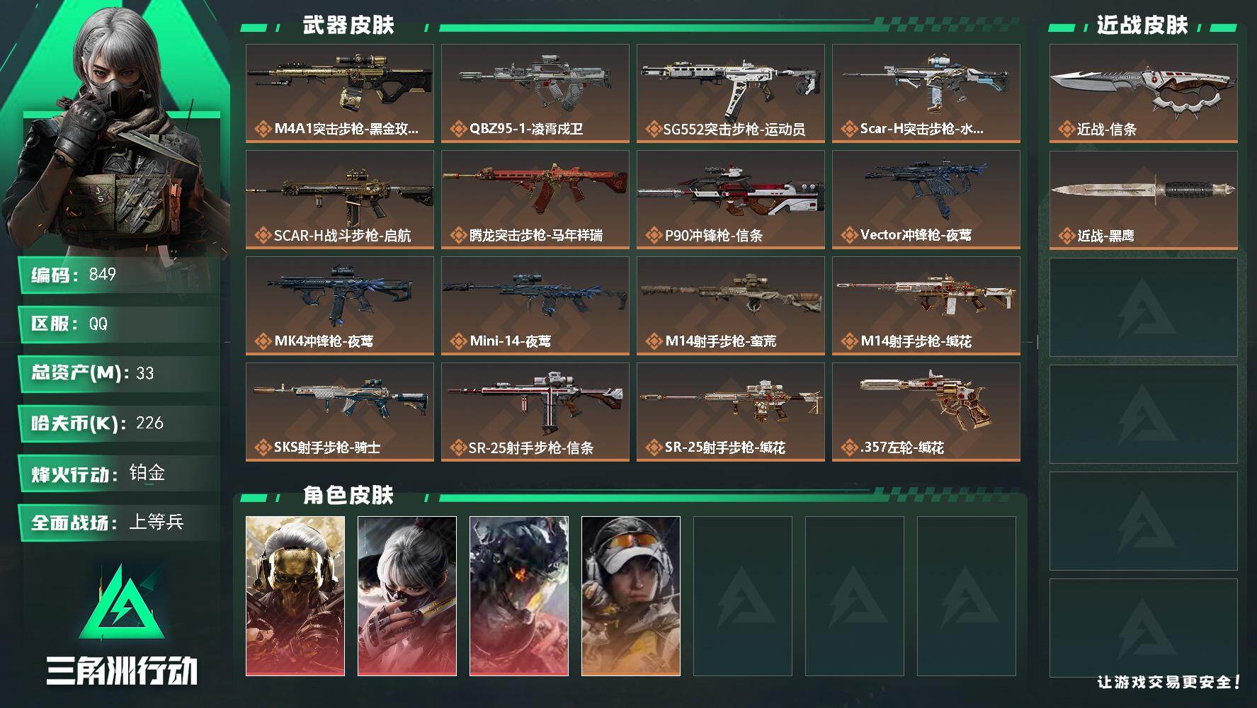 三角洲行动账号QQ33m总资产-226k哈伏币-60烽火等级-铂金-34战场等级-上等兵
【干员外观】：红狼-蚀金玫瑰