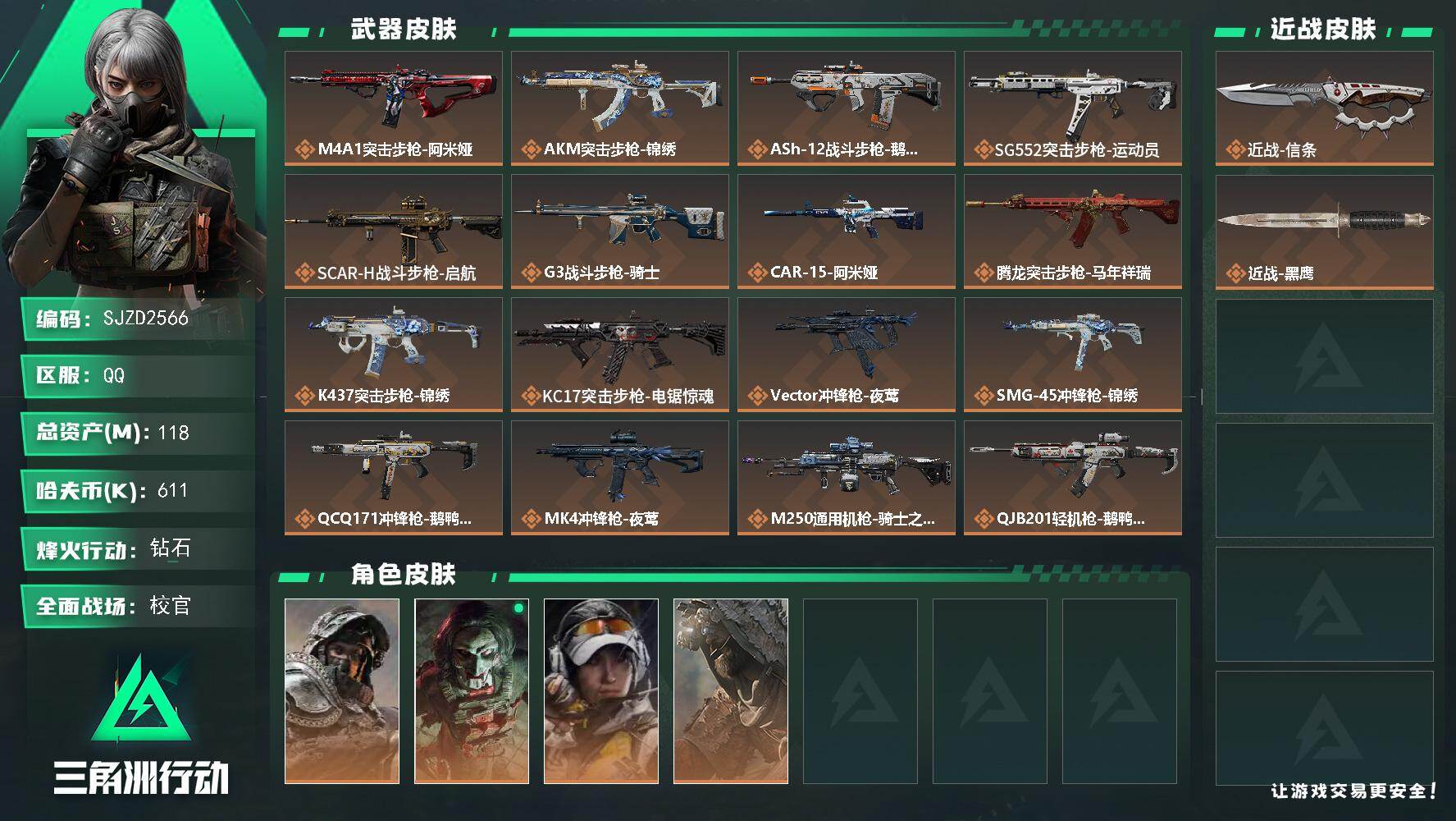三角洲行动账号QQ【SJZD2566】总资产(M)：118M/哈夫币(K)：611K/哈夫币(K)：611K/传说枪皮