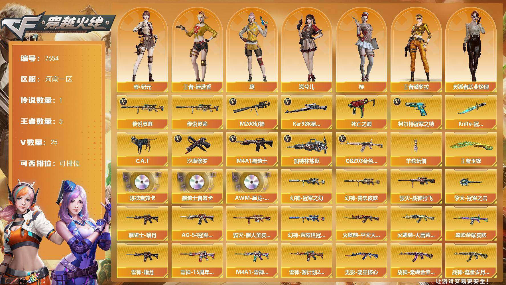 穿越火线账号北部战区河南一区河南一区-30V-5王者武器数-0炫金武器数
【传说武器】：传说灵眸
【热门武器】：传说灵眸，QBZ