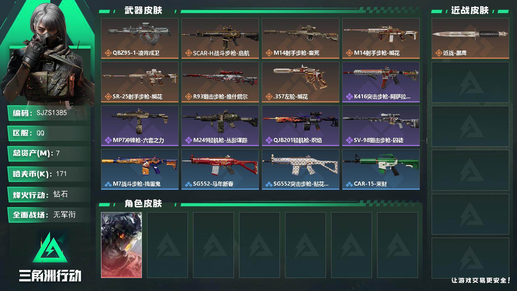 三角洲行动账号QQ【SJZS1385】总资产(M)：7M/哈夫币(K)：171K/哈夫币(K)：171K/传说枪皮数：