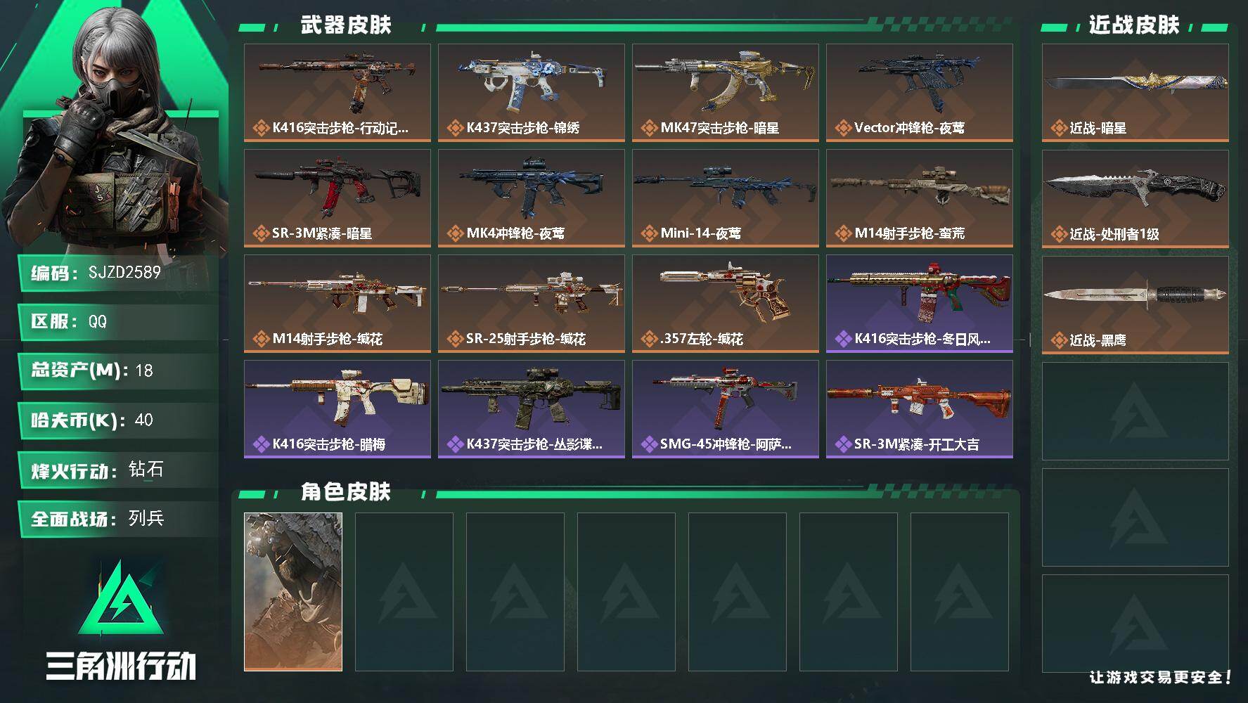 三角洲行动账号QQ【SJZD2589】总资产(M)：18M/哈夫币(K)：40K/哈夫币(K)：40K/传说枪皮数：11/全面战场等级：6_段位：列兵/烽火地带等级：60_段位：钻石/乌鲁鲁-荒原猎手/近战-暗星/近