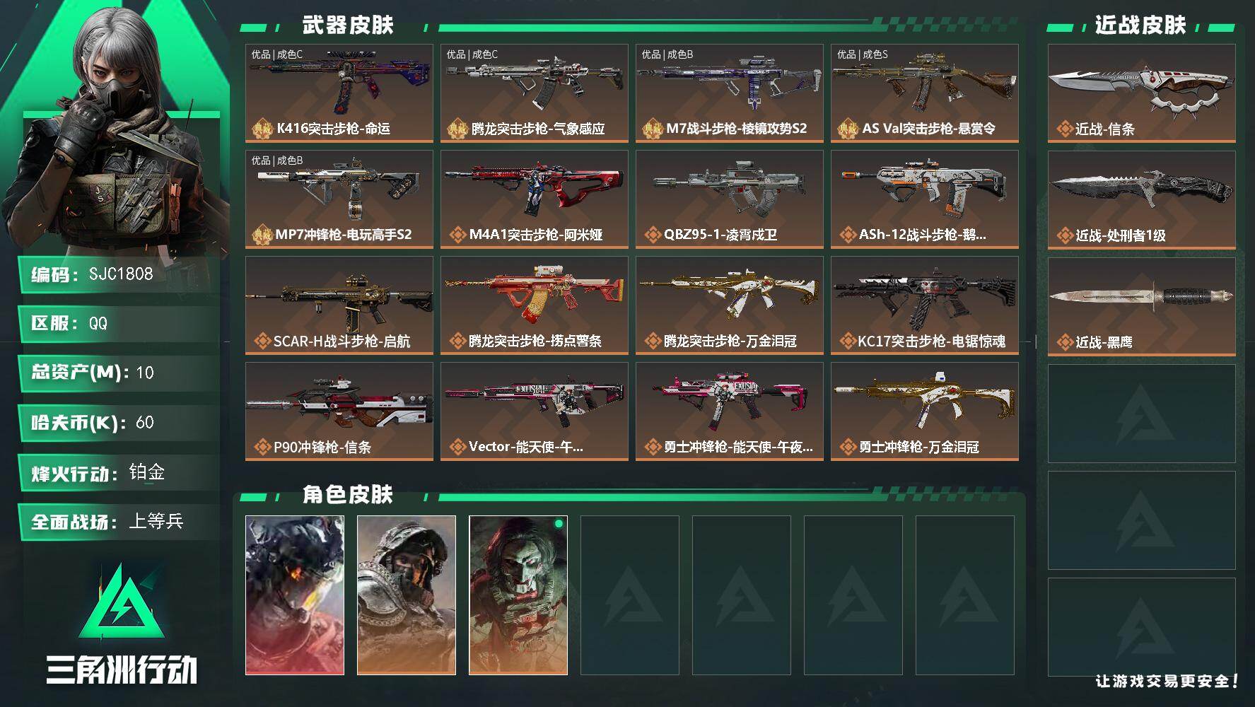 三角洲行动账号QQ【SJC1808】总资产(M)：10M/哈夫币(K)：60K/哈夫币(K)：60K/传说枪皮数：27