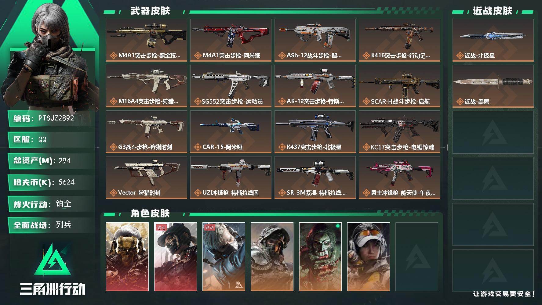 三角洲行动账号QQ【PTSJZ2892】总资产(M)：294M/哈夫币(K)：5624K/哈夫币(K)：5624K/传