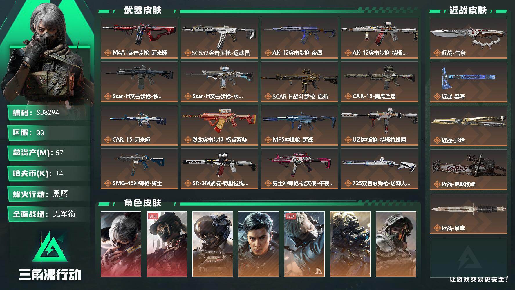 三角洲行动账号QQ【SJ8294】总资产(M)：57M/哈夫币(K)：14K/哈夫币(K)：14K/传说枪皮数：27/