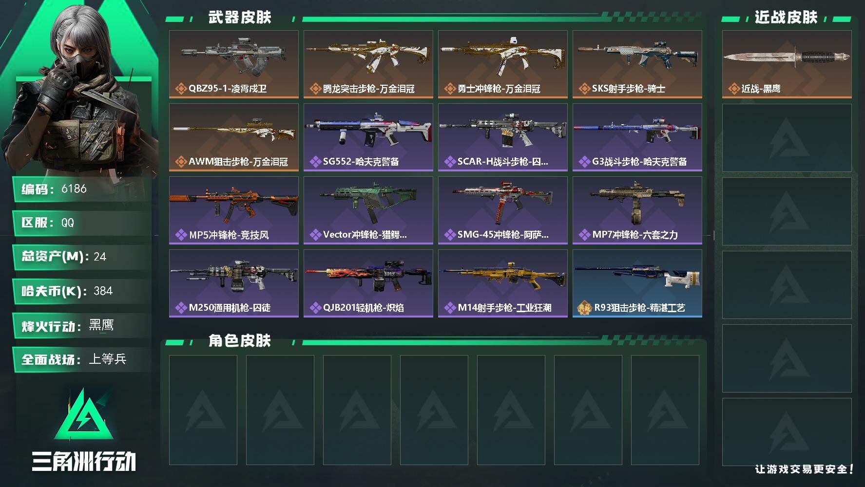 三角洲行动账号QQ总资产(M)：24M/哈夫币(K)：384K/哈夫币(K)：384K/传说枪皮数：5/全面战场等级：