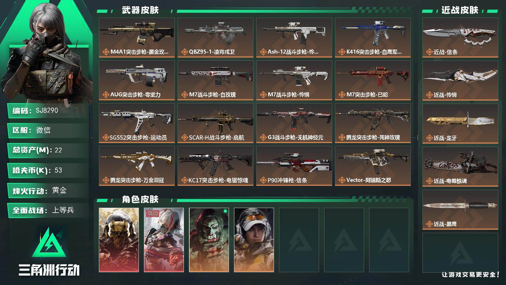 三角洲行动账号VX【SJ8290】总资产(M)：22M/哈夫币(K)：53K/哈夫币(K)：53K/传说枪皮数：27/
