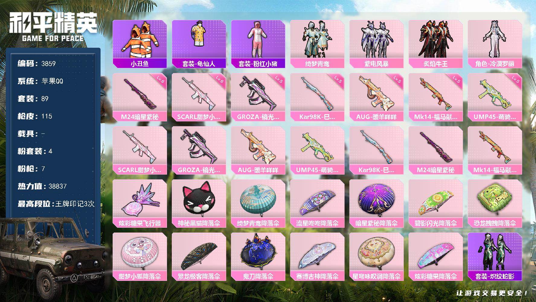 和平精英账号苹果QQ0载具-89套装-115枪皮-89套装/枪械7/装备149/战备72/王牌印记3/热力值38837/