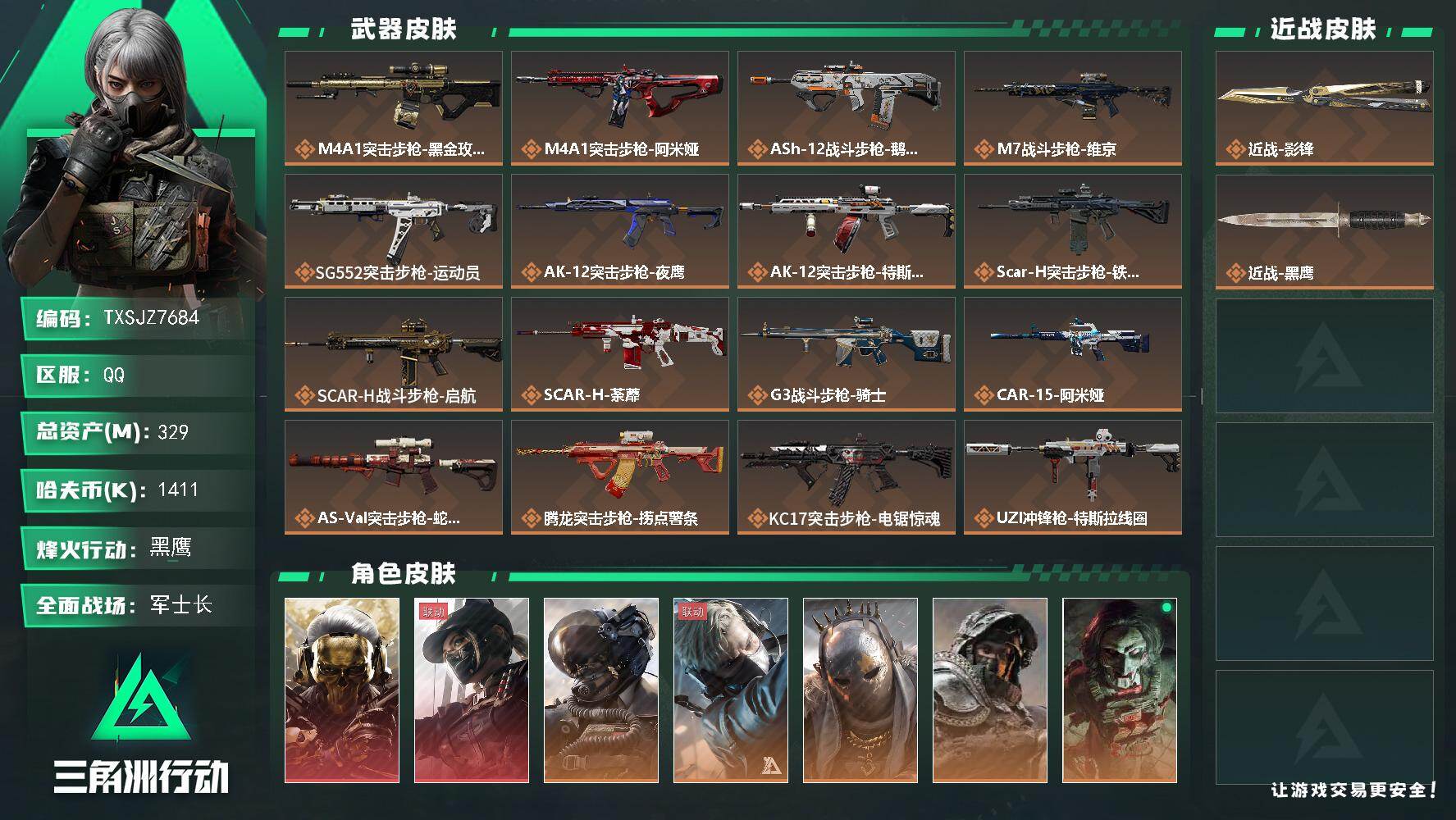 三角洲行动账号QQ【TXSJZ7684】329m总资产-1411k哈伏币-60烽火等级-黑鹰-50战场等级-军士长
【