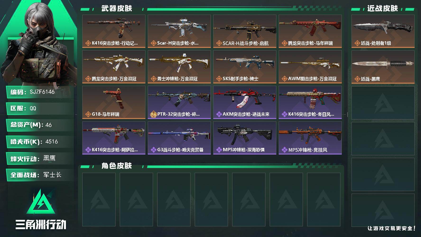 三角洲行动账号QQ【SJZF6146】总资产(M)：46M/哈夫币(K)：4516K/哈夫币(K)：4516K/传说枪皮数：9/全面战场等级：19_段位：军士长/烽火地带等级：60_段位：黑鹰/近战-处刑者1级/近战