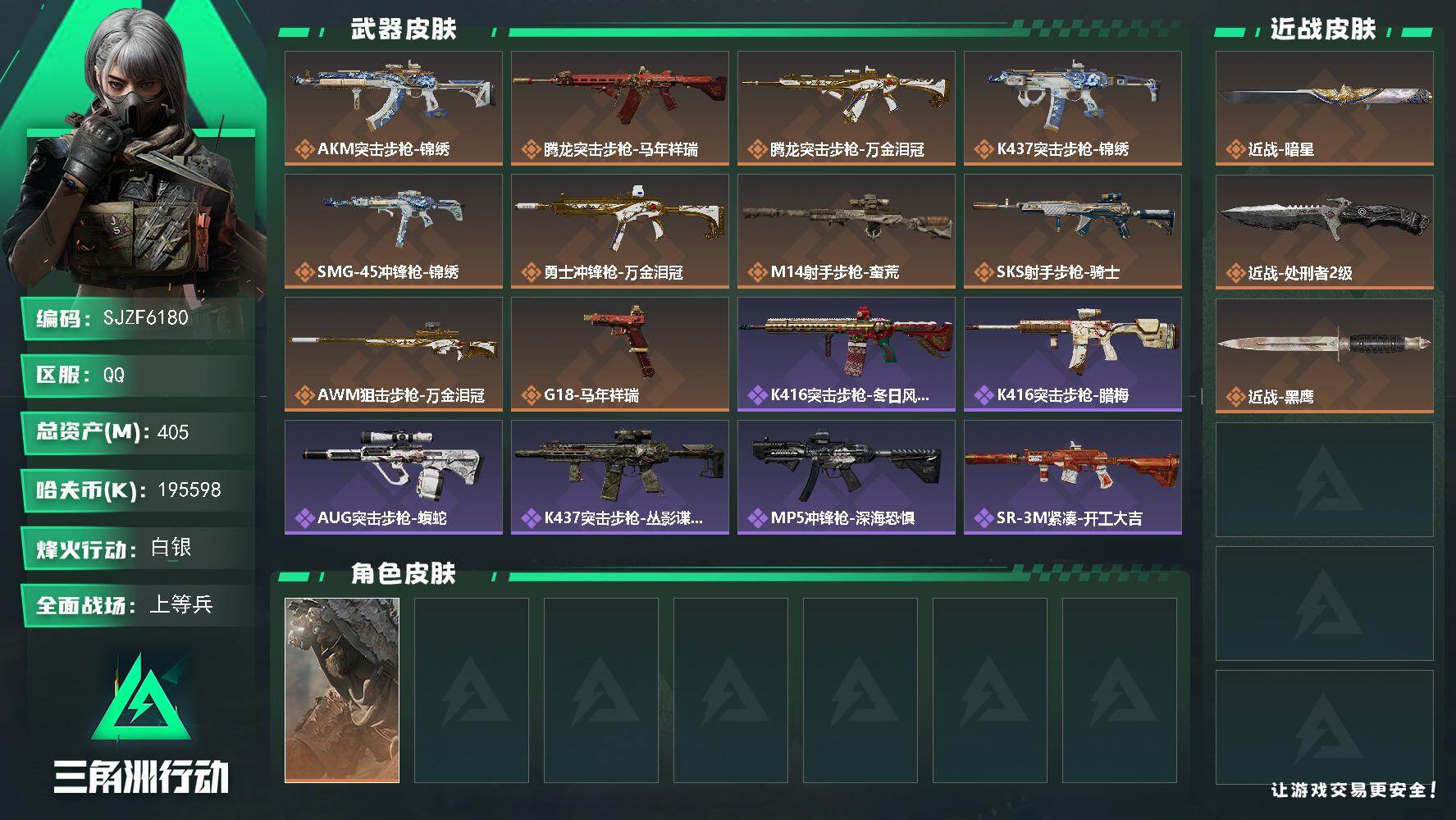 三角洲行动账号QQ【SJZF6180】总资产(M)：405M/哈夫币(K)：195598K/哈夫币(K)：195598K/传说枪皮数：10/全面战场等级：24_段位：上等兵/烽火地带等级：60_段位：白银/乌鲁鲁-荒