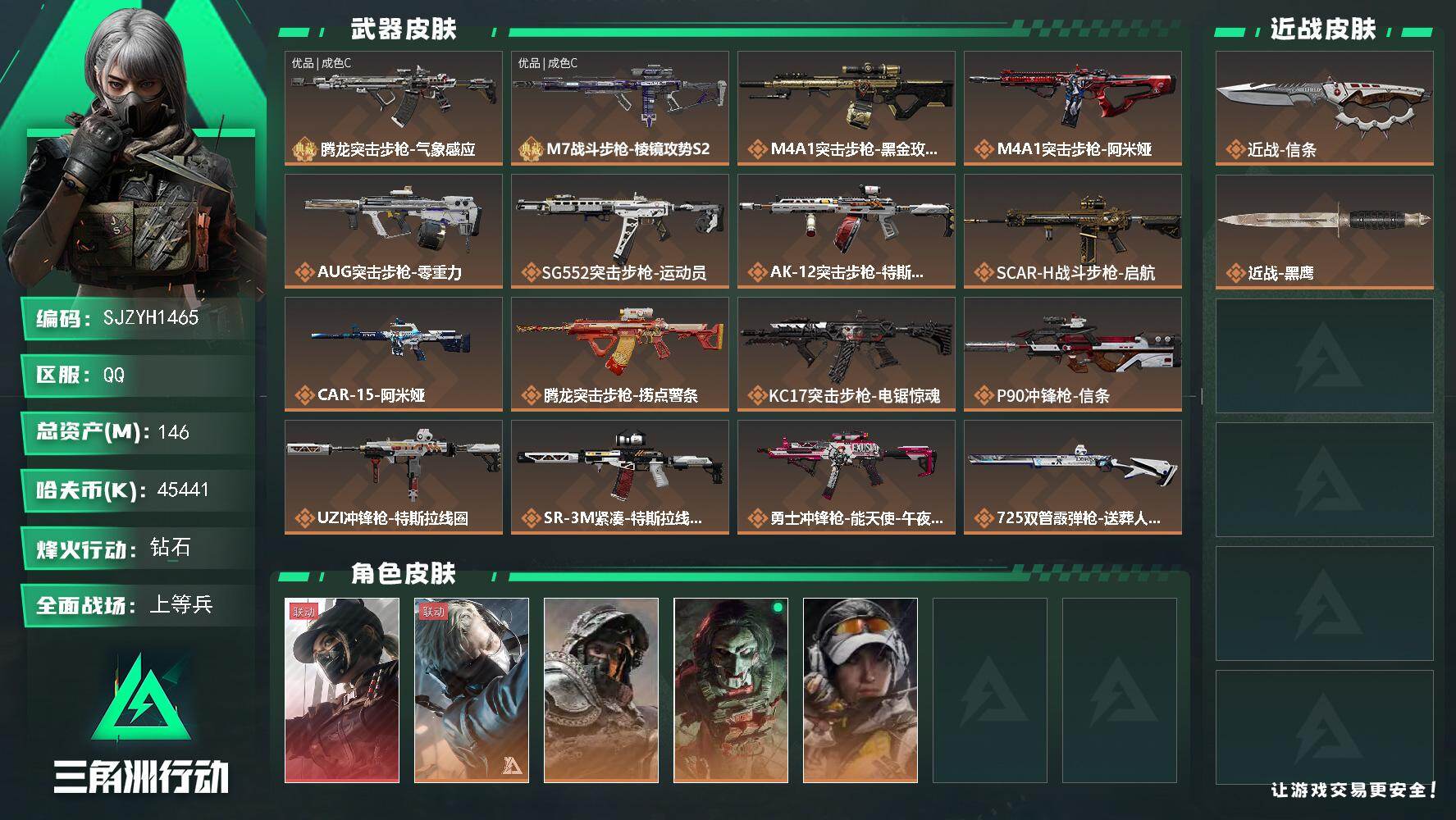 三角洲行动账号QQ【SJZYH1465】总资产(M)：146M/哈夫币(K)：45441K/哈夫币(K)：45441K/传说枪皮数：25/全面战场等级：44_段位：上等兵/烽火地带等级：60_段位：钻石/露娜-黑·天