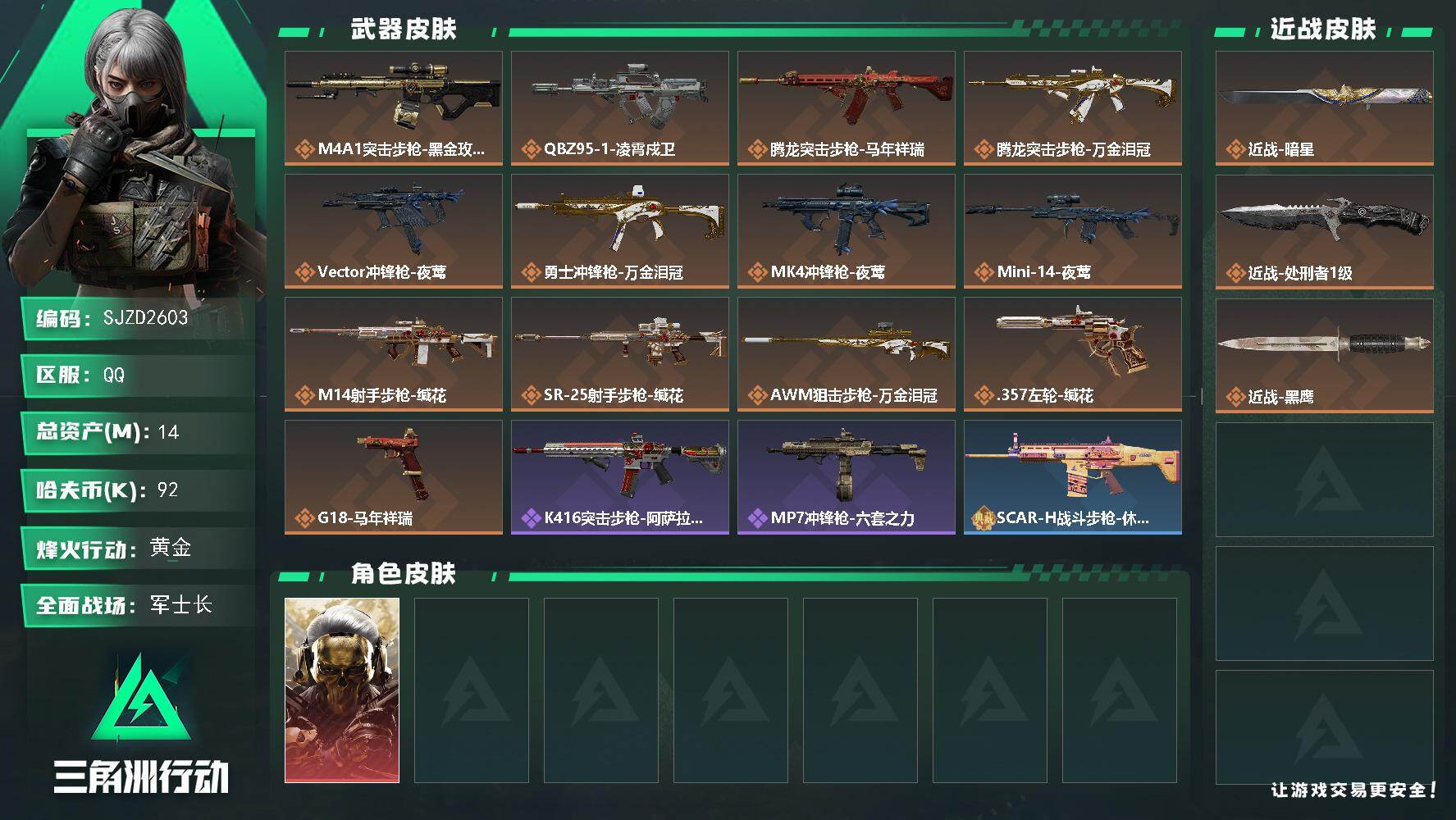 三角洲行动账号QQ【SJZD2603】总资产(M)：14M/哈夫币(K)：92K/哈夫币(K)：92K/传说枪皮数：13/全面战场等级：21_段位：军士长/烽火地带等级：40_段位：黄金/红狼-蚀金玫瑰/近战-暗星/