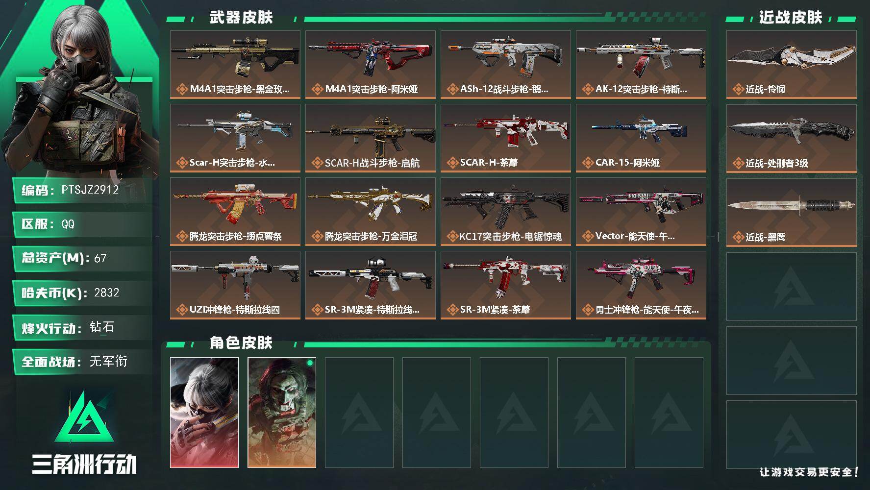 三角洲行动账号QQ【PTSJZ2912】总资产(M)：67M/哈夫币(K)：2832K/哈夫币(K)：2832K/传说