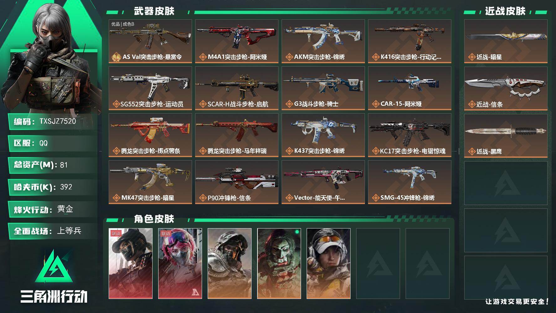 三角洲行动账号QQ【TXSJZ7520】81m总资产-392k哈伏币-60烽火等级-黄金-26战场等级-上等兵
【干员