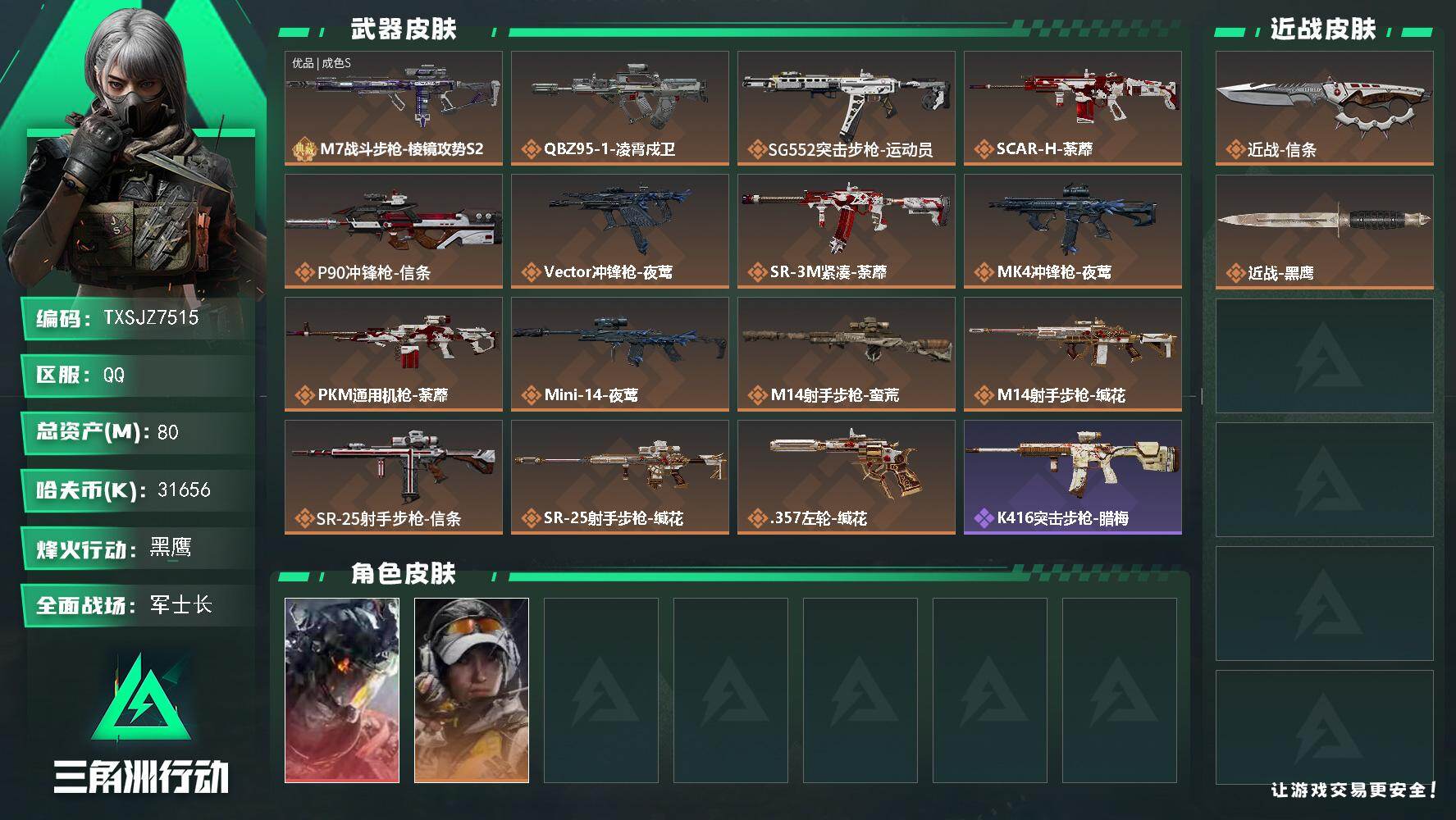 三角洲行动账号QQ【TXSJZ7515】80m总资产-31656k哈伏币-60烽火等级-黑鹰-25战场等级-军士长
【