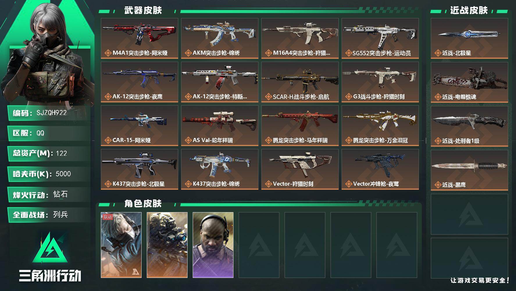 三角洲行动账号QQ【SJZQH922】总资产(M)：122M/哈夫币(K)：5000K/哈夫币(K)：5000K/传说枪皮数：33/全面战场等级：15_段位：列兵/烽火地带等级：60_段位：钻石/蜂医-送葬人·无题密