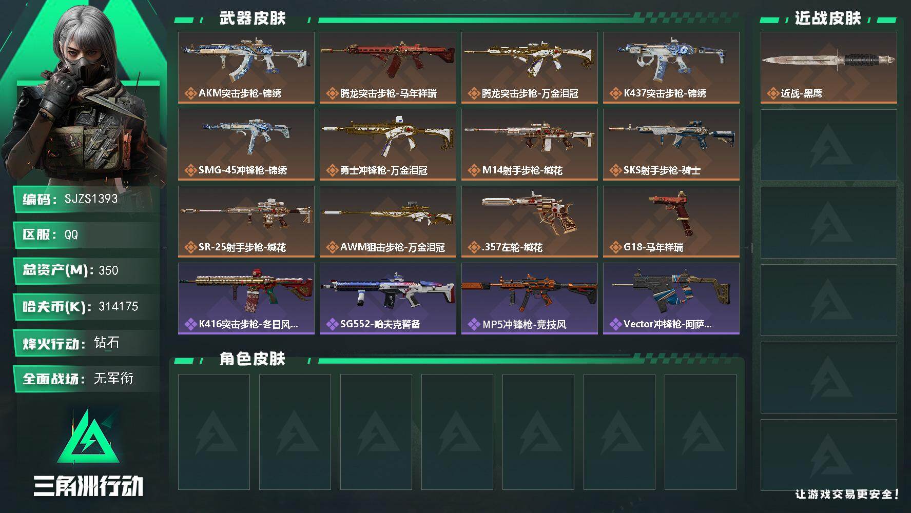 三角洲行动账号QQ【SJZS1393】总资产(M)：350M/哈夫币(K)：314175K/哈夫币(K)：314175K/传说枪皮数：12/全面战场等级：1_段位：无段位/烽火地带等级：60_段位：钻石/近战-黑鹰/