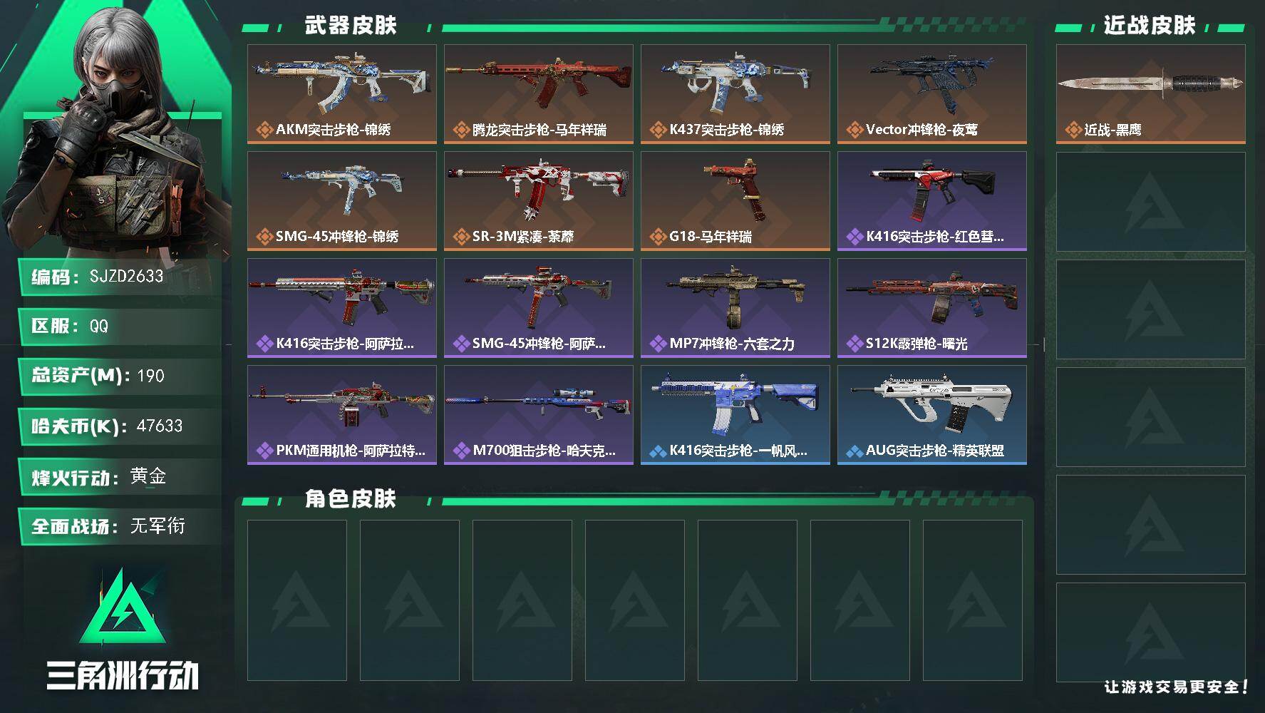 三角洲行动账号QQ【SJZD2633】总资产(M)：190M/哈夫币(K)：47633K/哈夫币(K)：47633K/