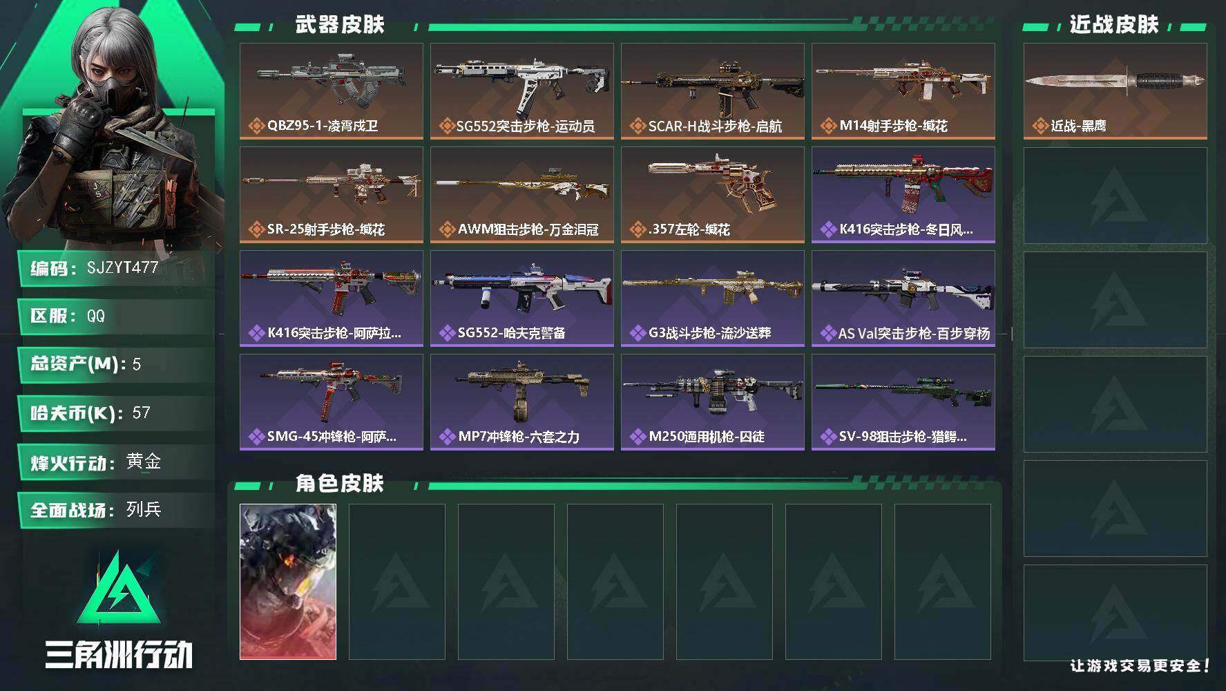 三角洲行动账号QQ【SJZYT477】总资产(M)：5M/哈夫币(K)：57K/哈夫币(K)：57K/传说枪皮数：7/