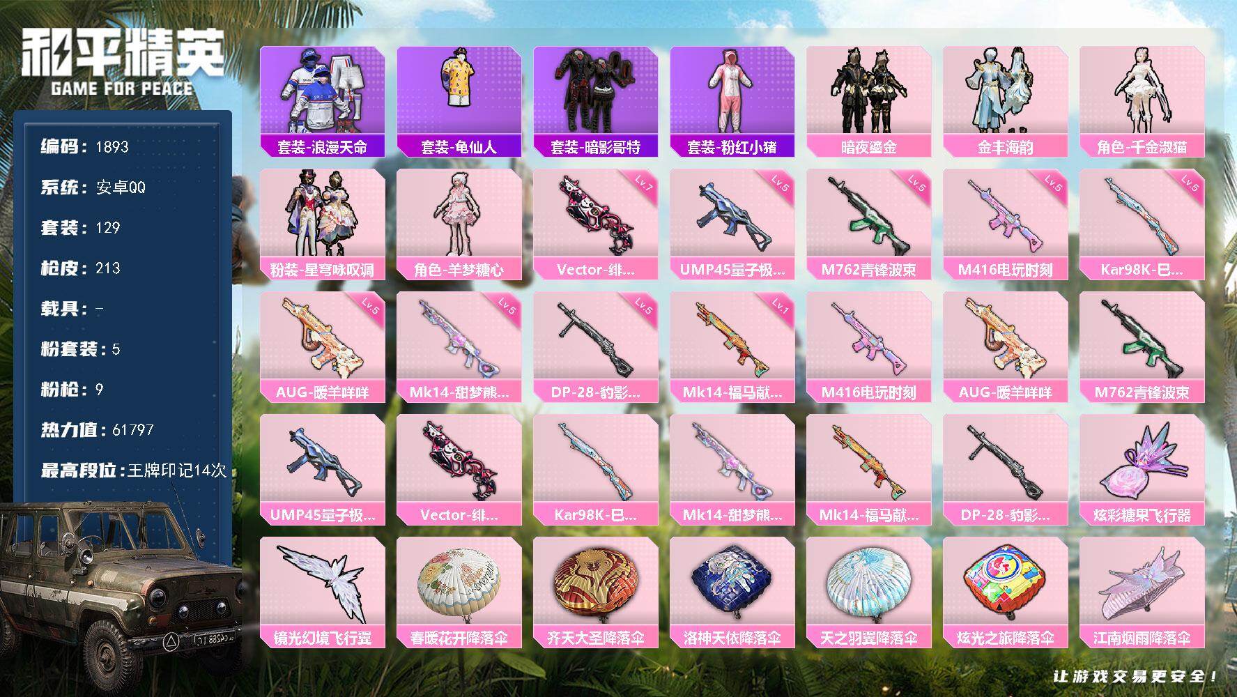和平精英账号安卓QQ【1893】【开学季特惠·身法号·公主号·浪漫天命·暗影哥特·千金淑毛·5粉装9特效枪·小裙子号】安