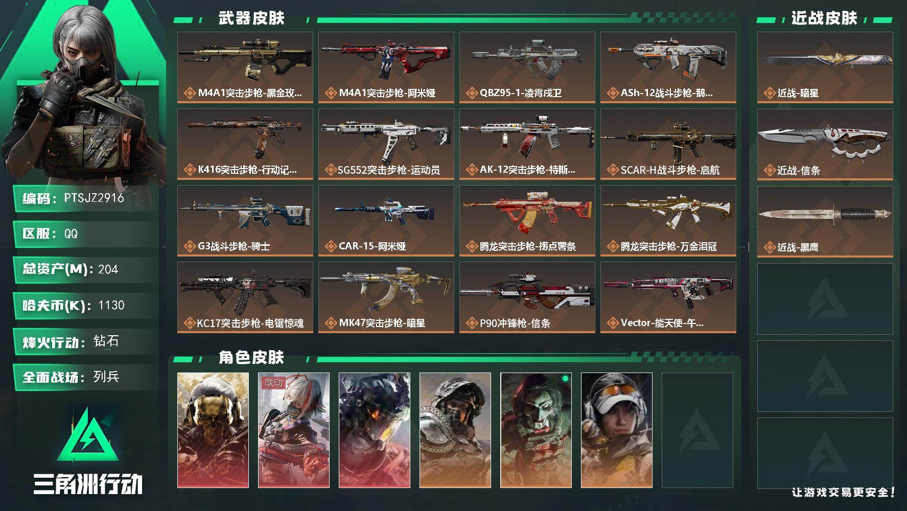 三角洲行动账号QQ【PTSJZ2916】总资产(M)：204M/哈夫币(K)：1130K/哈夫币(K)：1130K/传