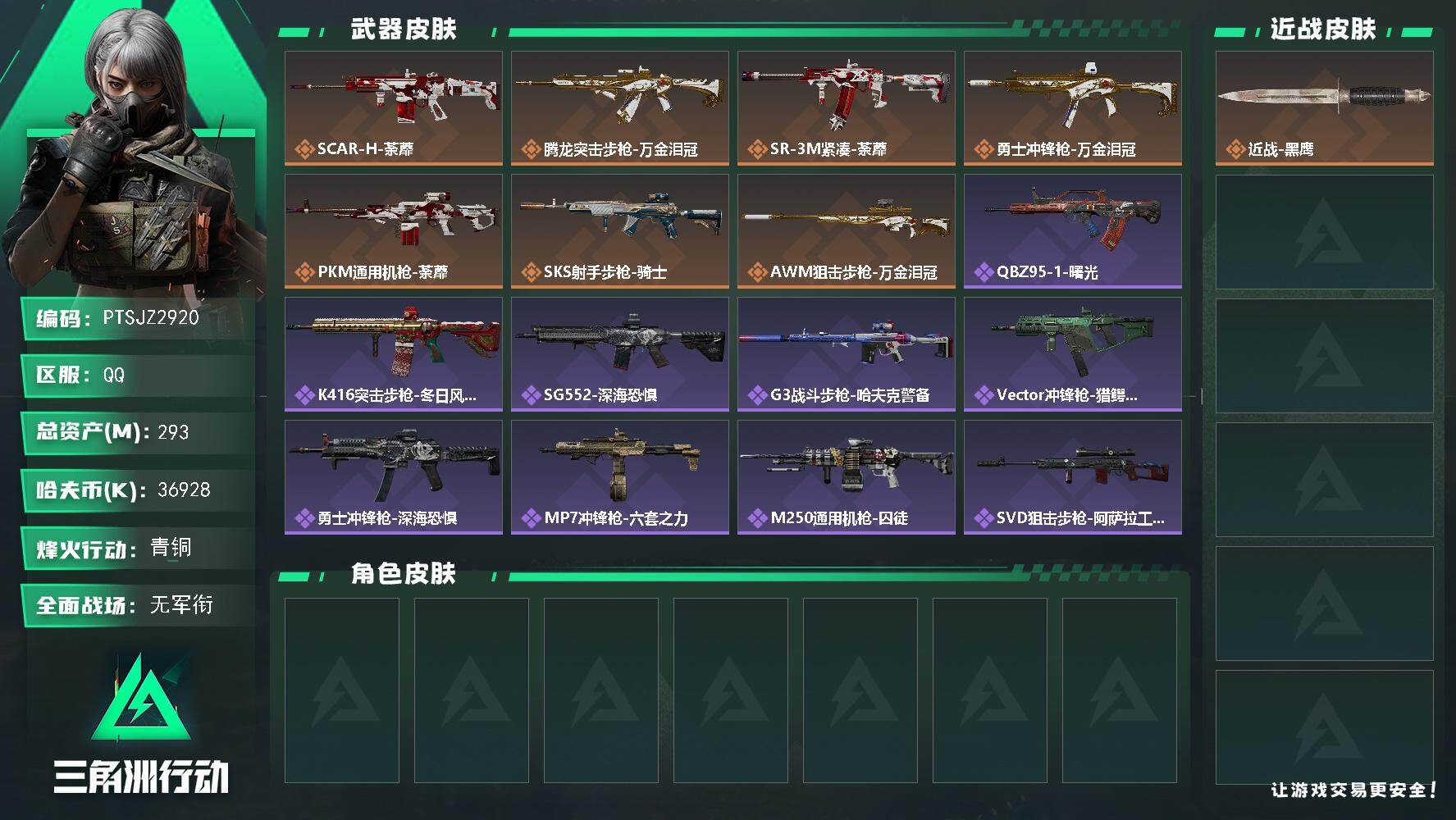 三角洲行动账号QQ【PTSJZ2920】总资产(M)：293M/哈夫币(K)：36928K/哈夫币(K)：36928K