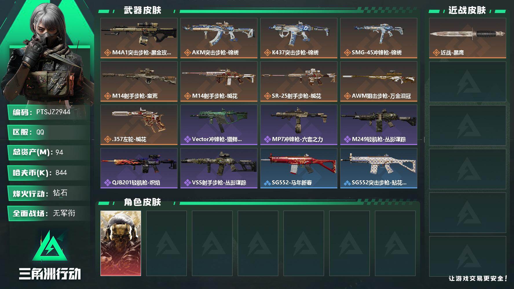 三角洲行动账号QQ【PTSJZ2944】总资产(M)：94M/哈夫币(K)：844K/哈夫币(K)：844K/传说枪皮