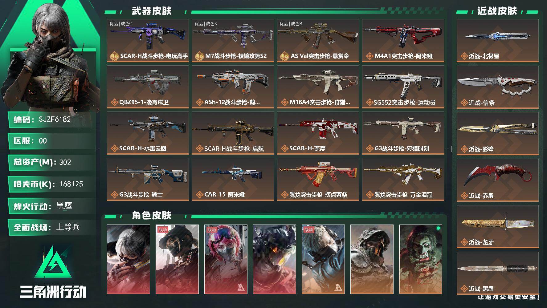 三角洲行动账号QQ【SJZF6182】总资产(M)：302M/哈夫币(K)：168125K/哈夫币(K)：168125