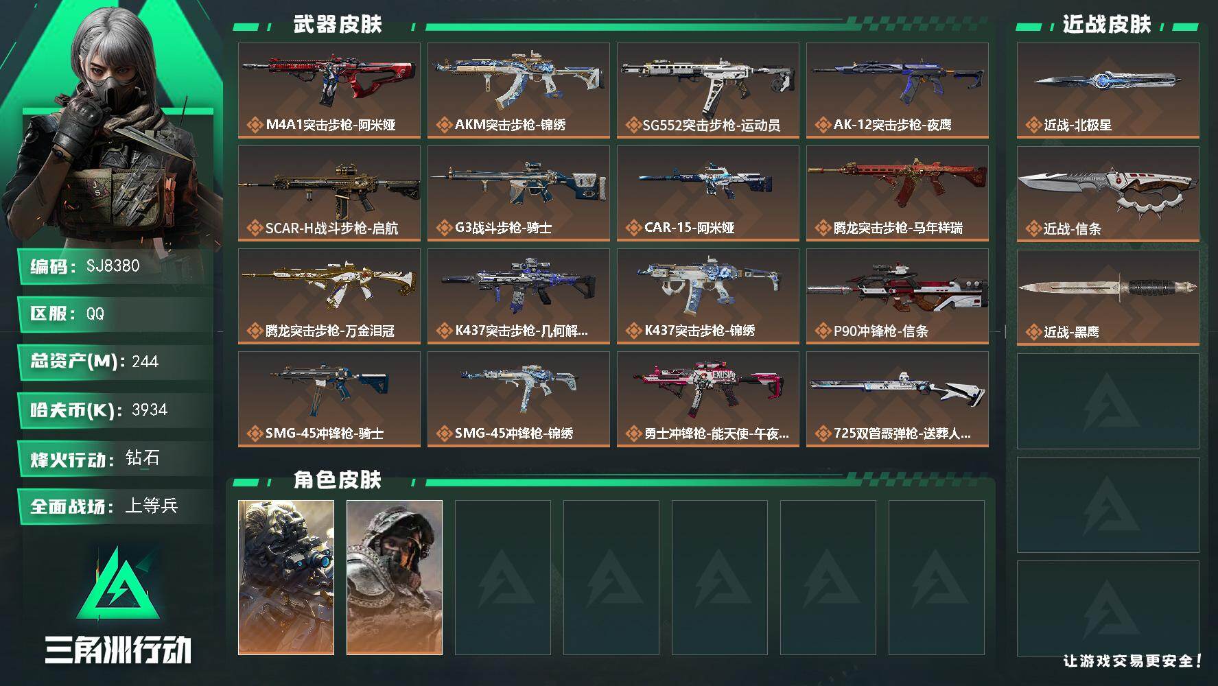 三角洲行动账号QQ【SJ8380】总资产(M)：244M/哈夫币(K)：3934K/哈夫币(K)：3934K/传说枪皮