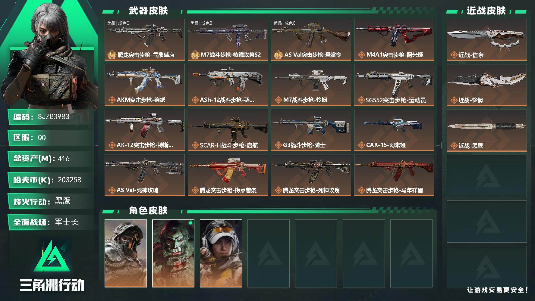 三角洲行动账号QQ【SJZG3983】总资产(M)：416M/哈夫币(K)：203258K/哈夫币(K)：203258K/传说枪皮数：35/全面战场等级：50_段位：军士长/烽火地带等级：60_段位：黑鹰/深蓝-不破