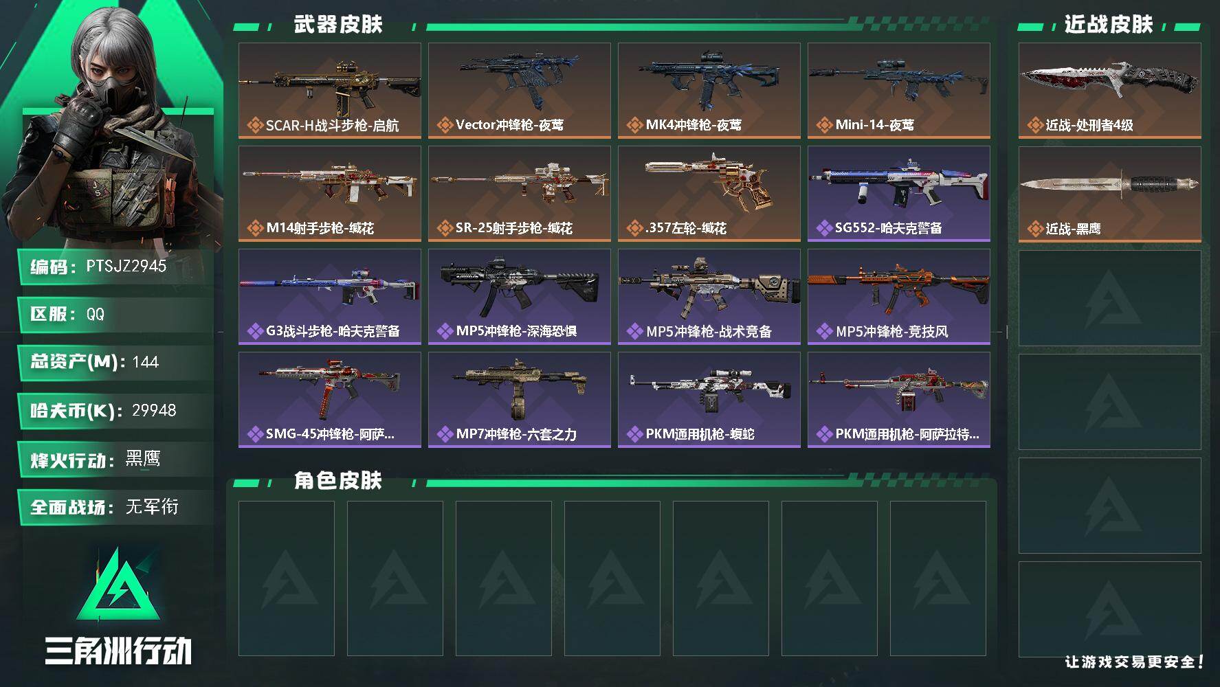 三角洲行动账号QQ【PTSJZ2945】总资产(M)：144M/哈夫币(K)：29948K/哈夫币(K)：29948K