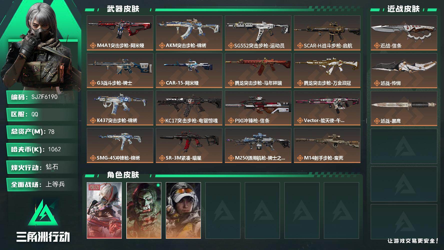 三角洲行动账号QQ【SJZF6190】总资产(M)：78M/哈夫币(K)：1062K/哈夫币(K)：1062K/传说枪皮数：19/全面战场等级：45_段位：上等兵/烽火地带等级：60_段位：钻石/骇爪-维什戴尔/红狼