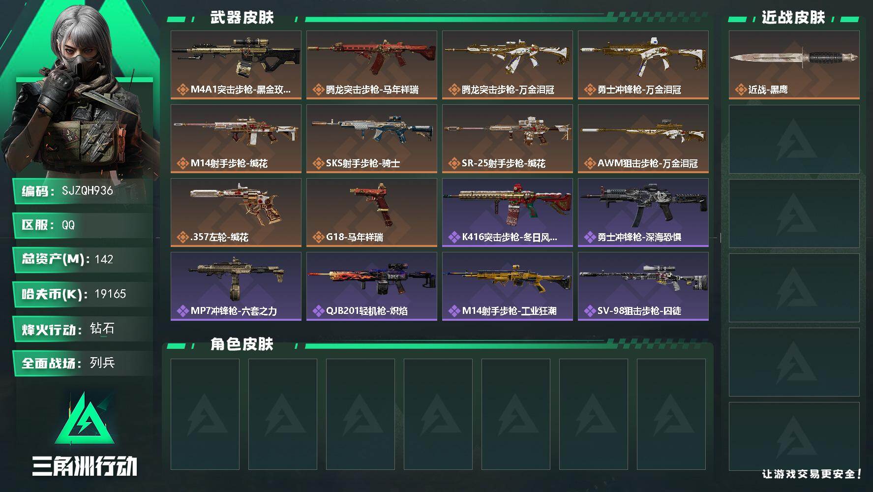 三角洲行动账号QQ【SJZQH936】总资产(M)：142M/哈夫币(K)：19165K/哈夫币(K)：19165K/