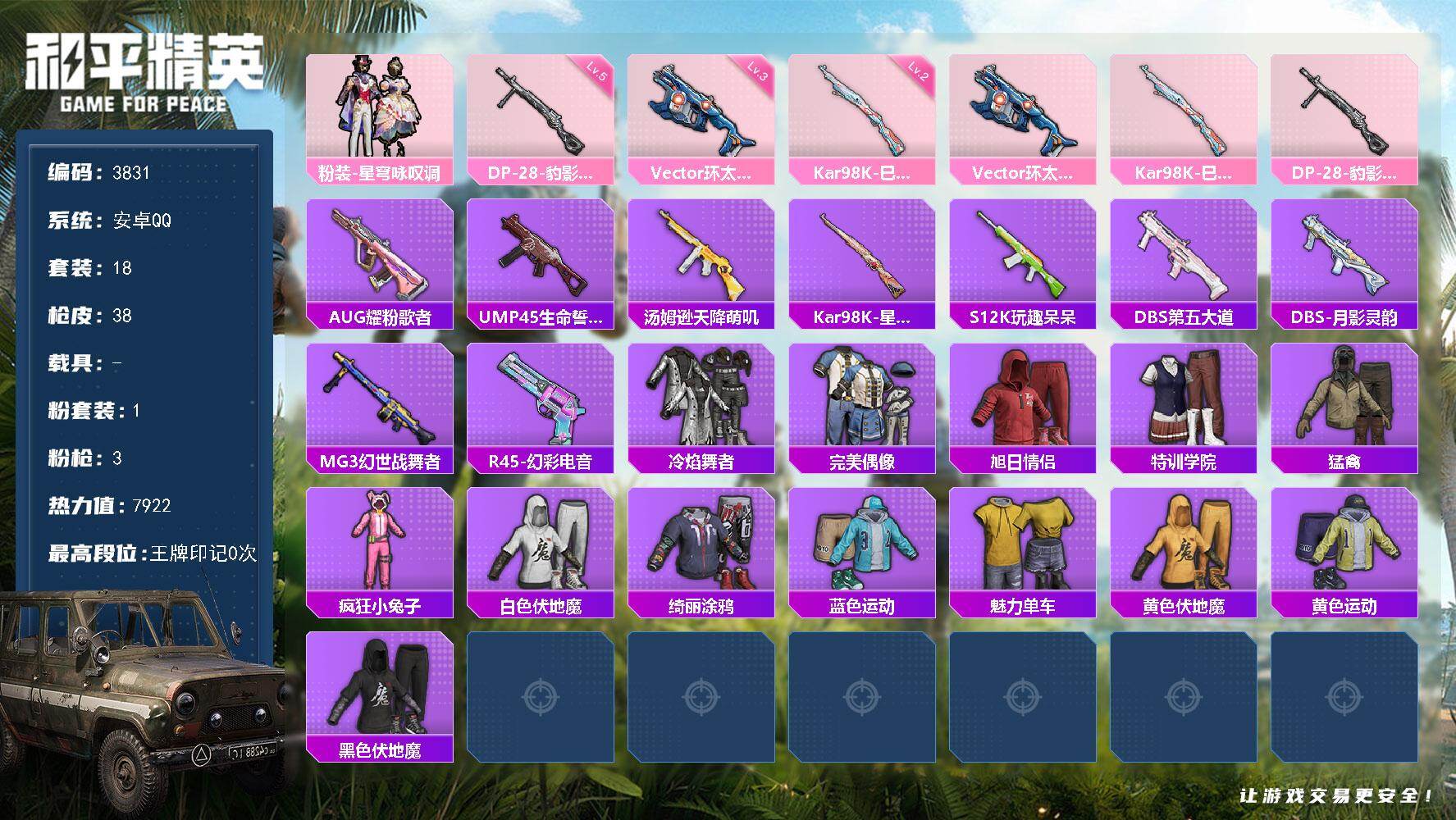 和平精英账号安卓QQ0载具-18套装-38枪皮-18套装/枪械3/装备33/战备18/热力值7922/三级Vector-