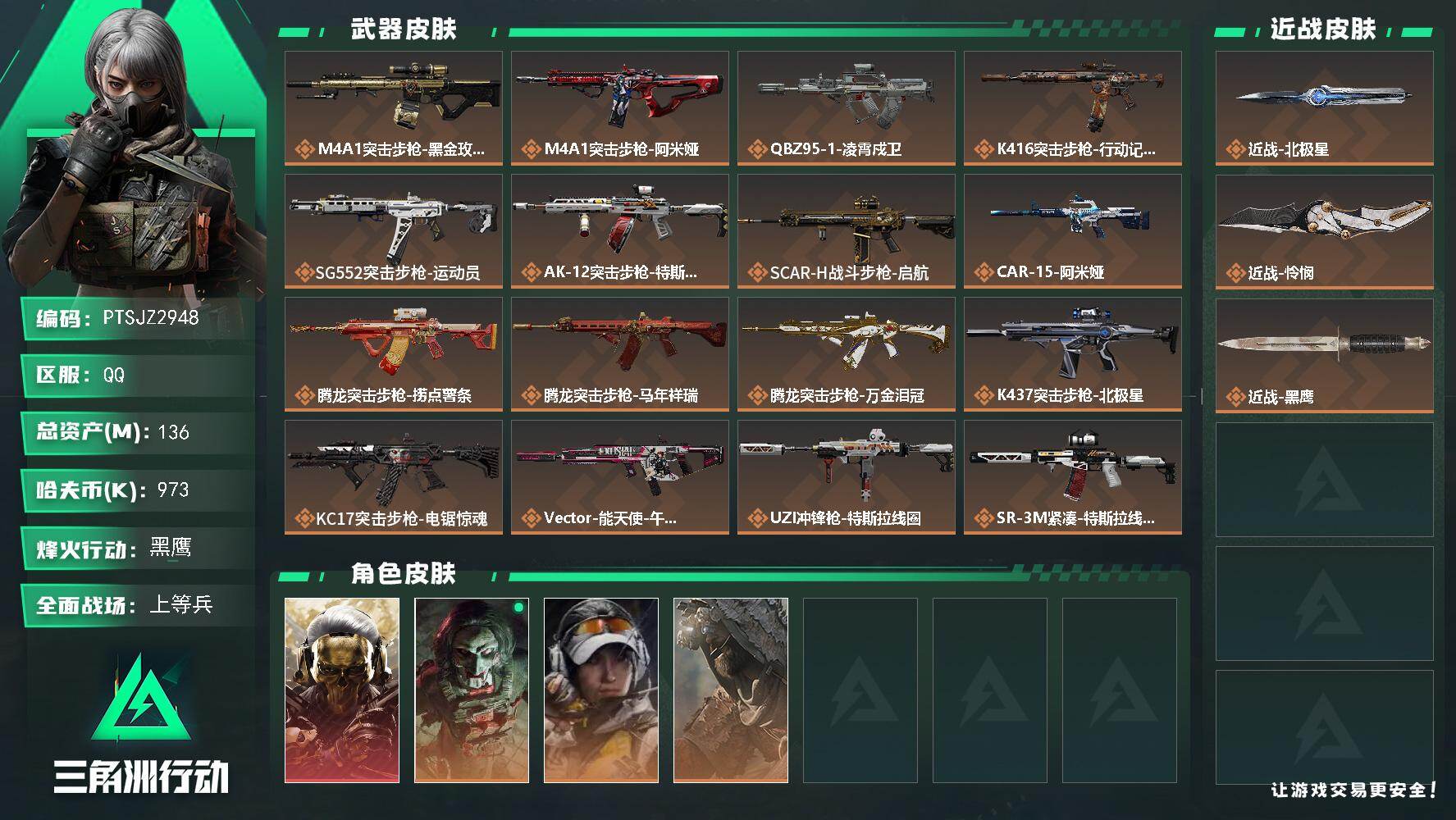三角洲行动账号QQ【PTSJZ2948】总资产(M)：136M/哈夫币(K)：973K/哈夫币(K)：973K/传说枪