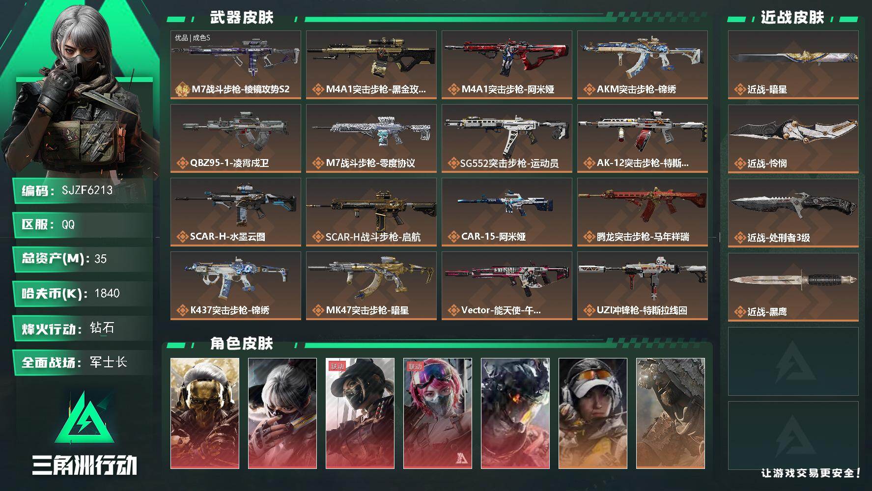 三角洲行动账号QQ【SJZF6213】总资产(M)：35M/哈夫币(K)：1840K/哈夫币(K)：1840K/传说枪皮数：27/全面战场等级：30_段位：军士长/烽火地带等级：60_段位：钻石/红狼-蚀金玫瑰/骇爪