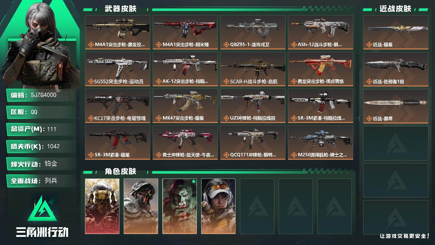 三角洲行动账号QQ【SJZG4000】总资产(M)：111M/哈夫币(K)：1042K/哈夫币(K)：1042K/传说枪皮数：24/全面战场等级：26_段位：列兵/烽火地带等级：60_段位：铂金/红狼-蚀金玫瑰/深蓝
