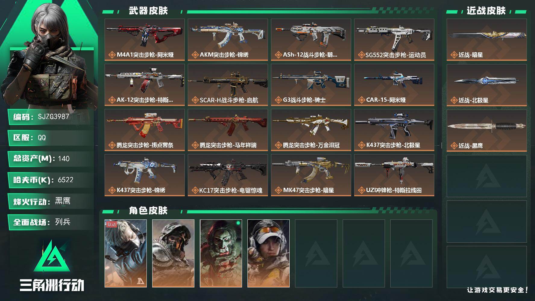 三角洲行动账号QQ【SJZG3987】总资产(M)：140M/哈夫币(K)：6522K/哈夫币(K)：6522K/传说枪皮数：37/全面战场等级：24_段位：列兵/烽火地带等级：60_段位：黑鹰/蜂医-送葬人·无题密